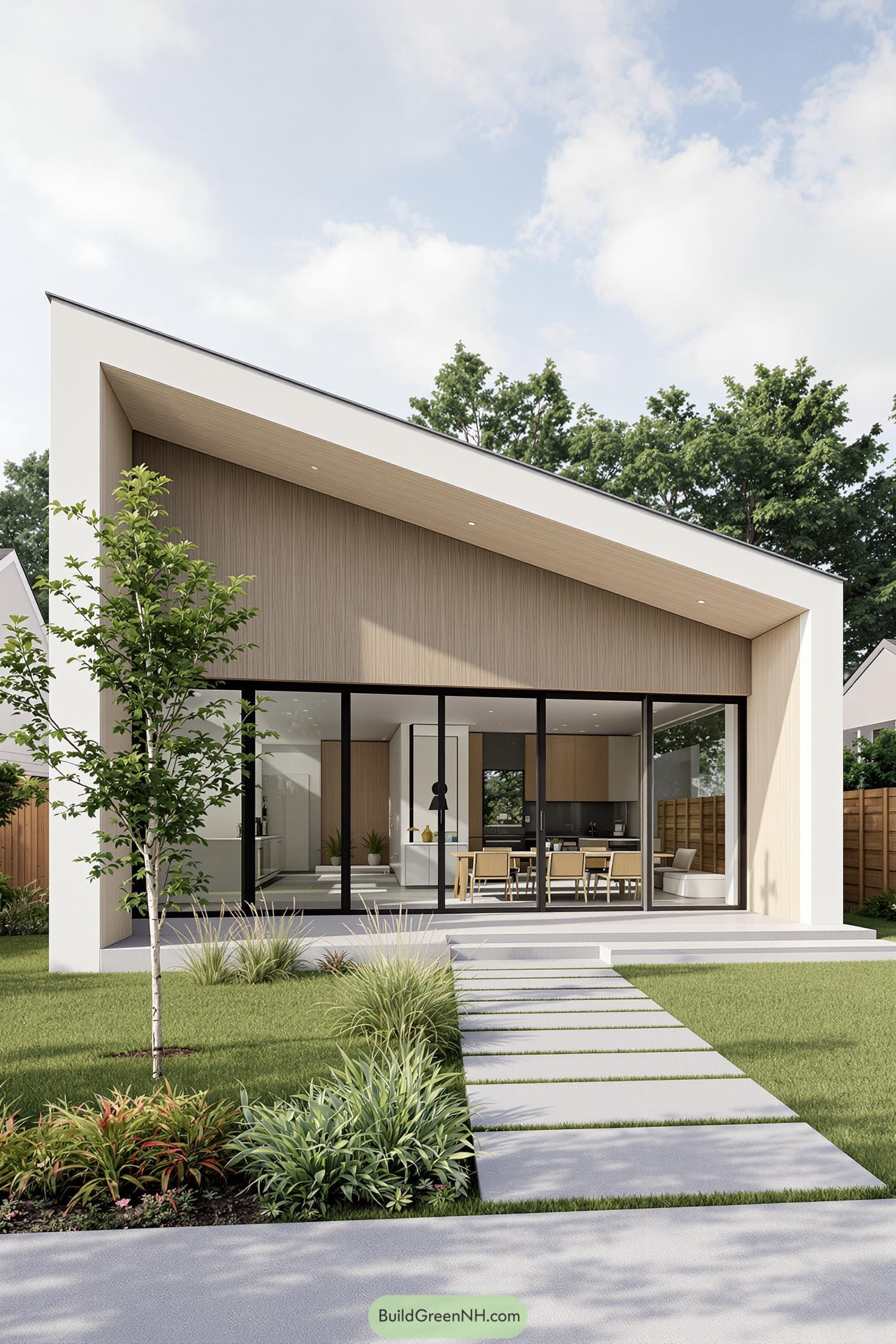 Modern bungalow with large glass windows and garden path