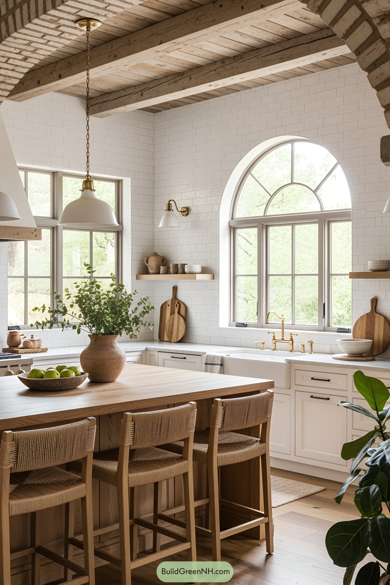 Spanish kitchen with wood beams and bright lighting