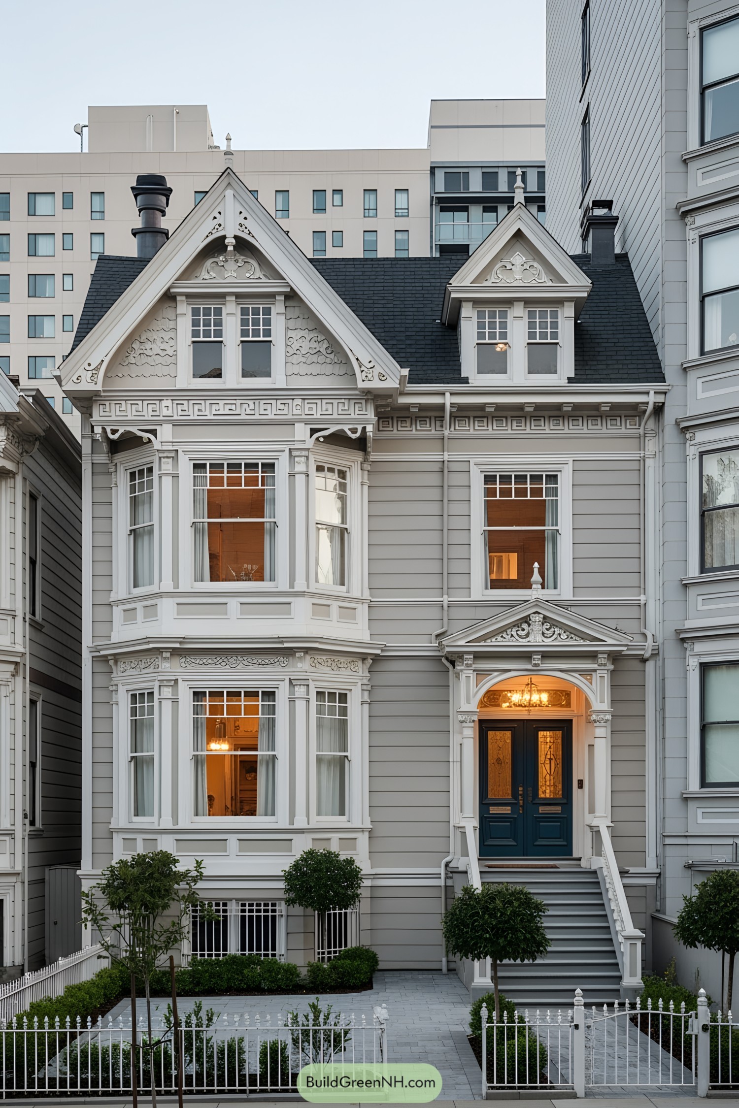 Elegant Victorian house with ornate details and lush shrubs