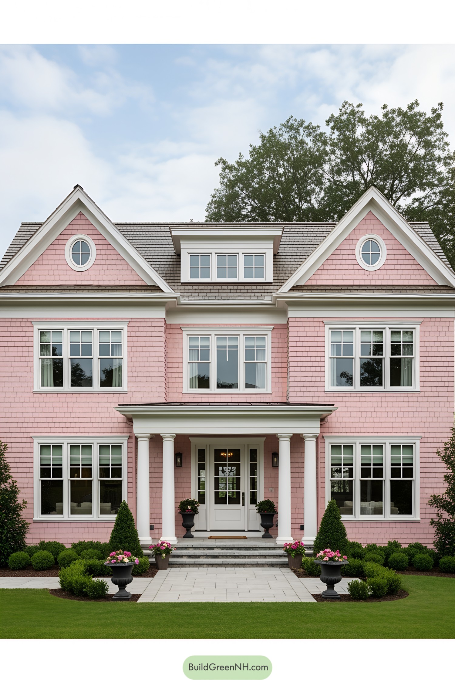 Pink Victorian house with white trim and lush greenery