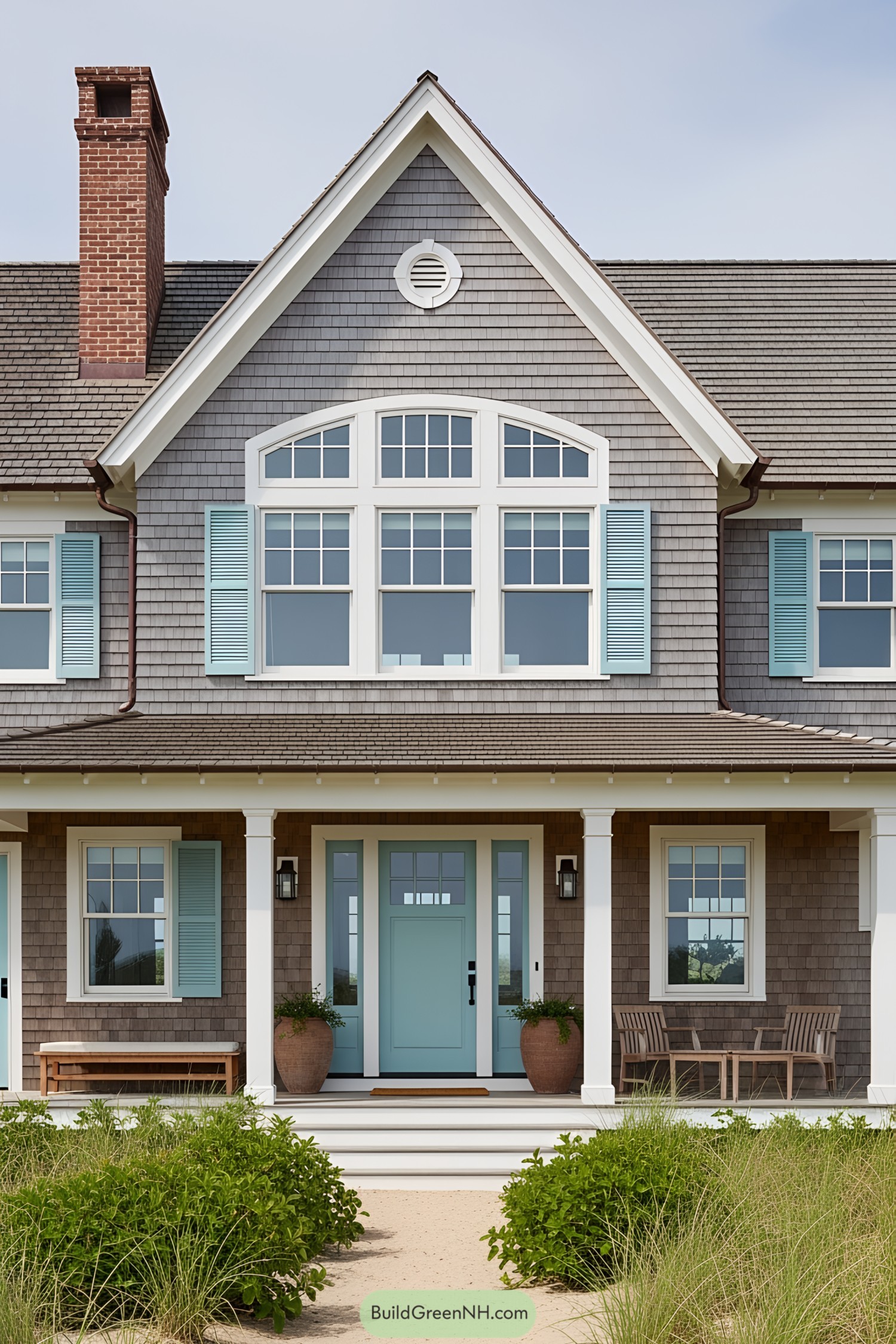 Charming coastal home with pastel shutters and a warm, inviting entrance