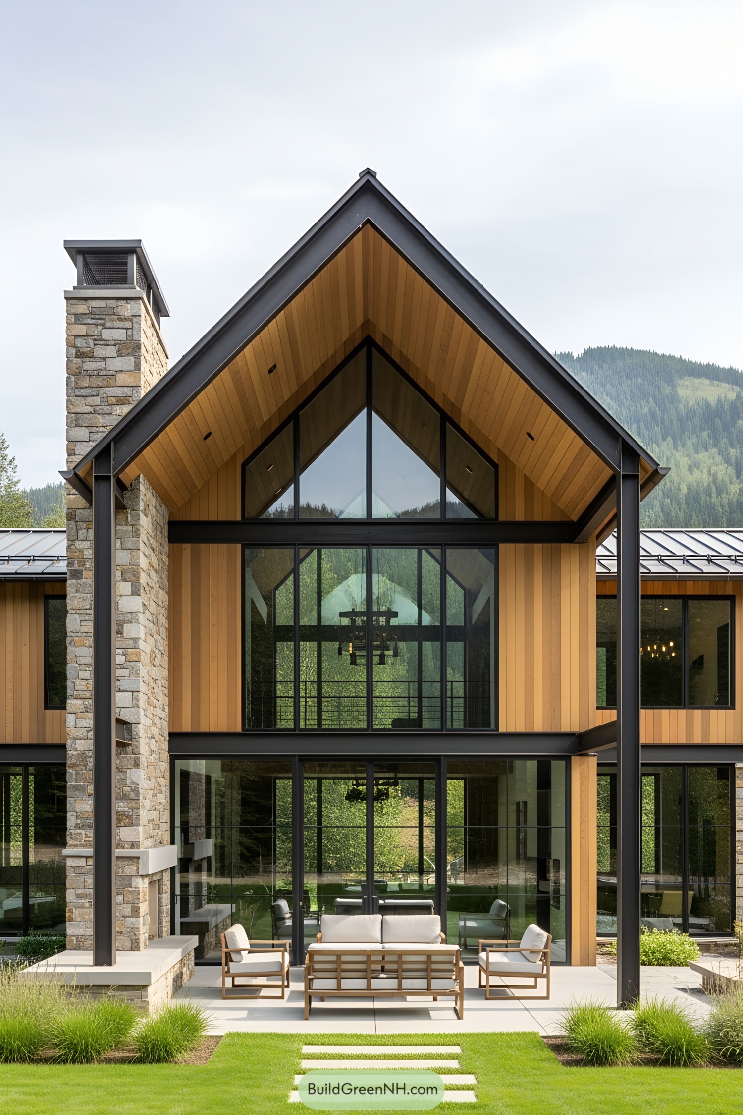 Modern cabin with large glass windows and stone elements