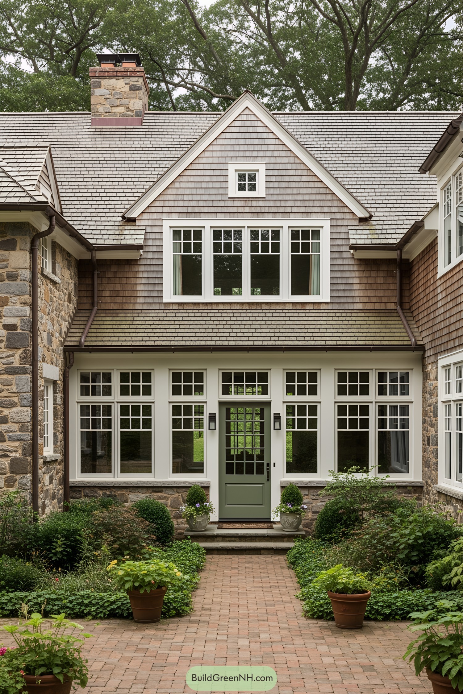 Brick farmhouse with a lush garden and welcoming entry