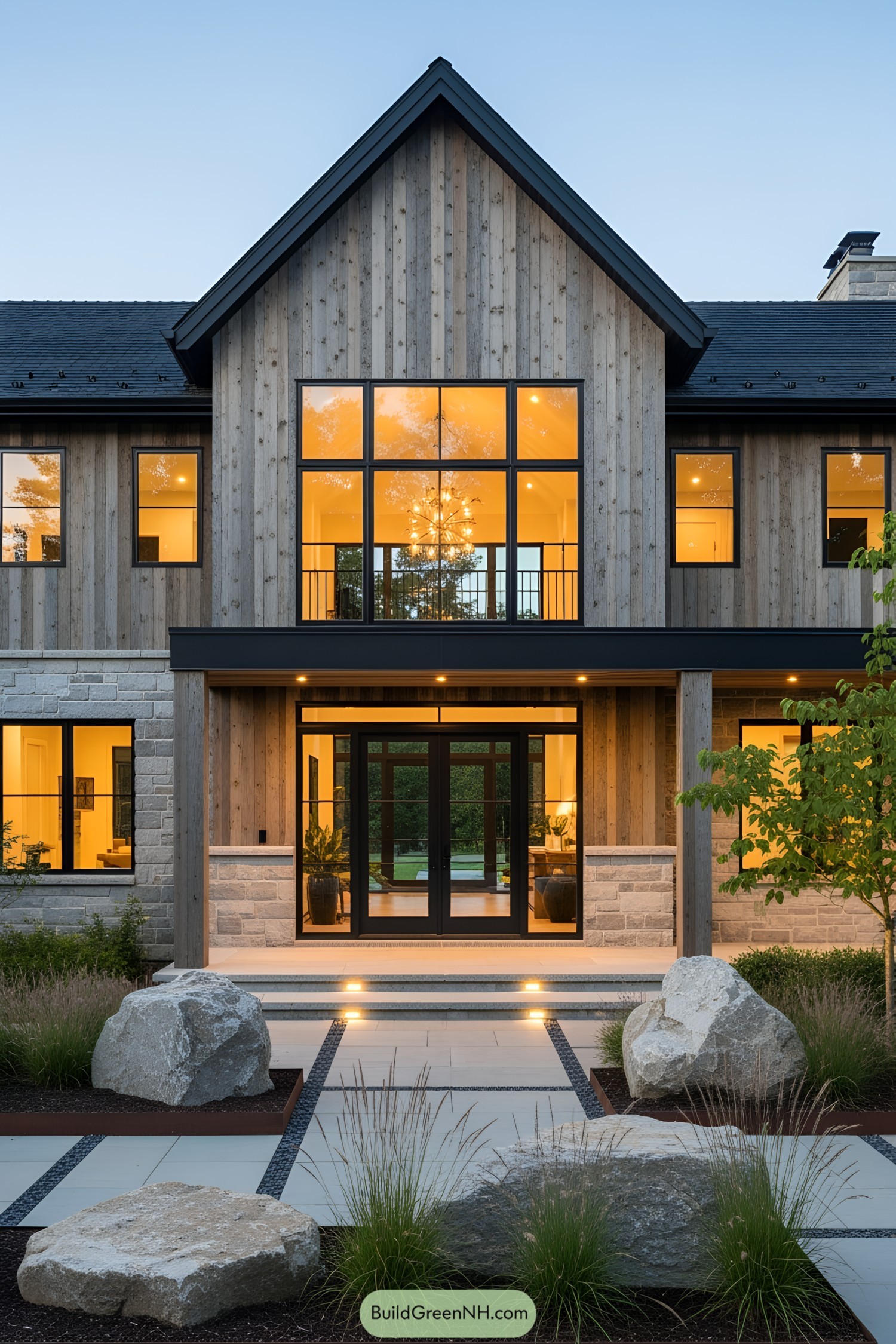 Contemporary house with large windows and wooden facade