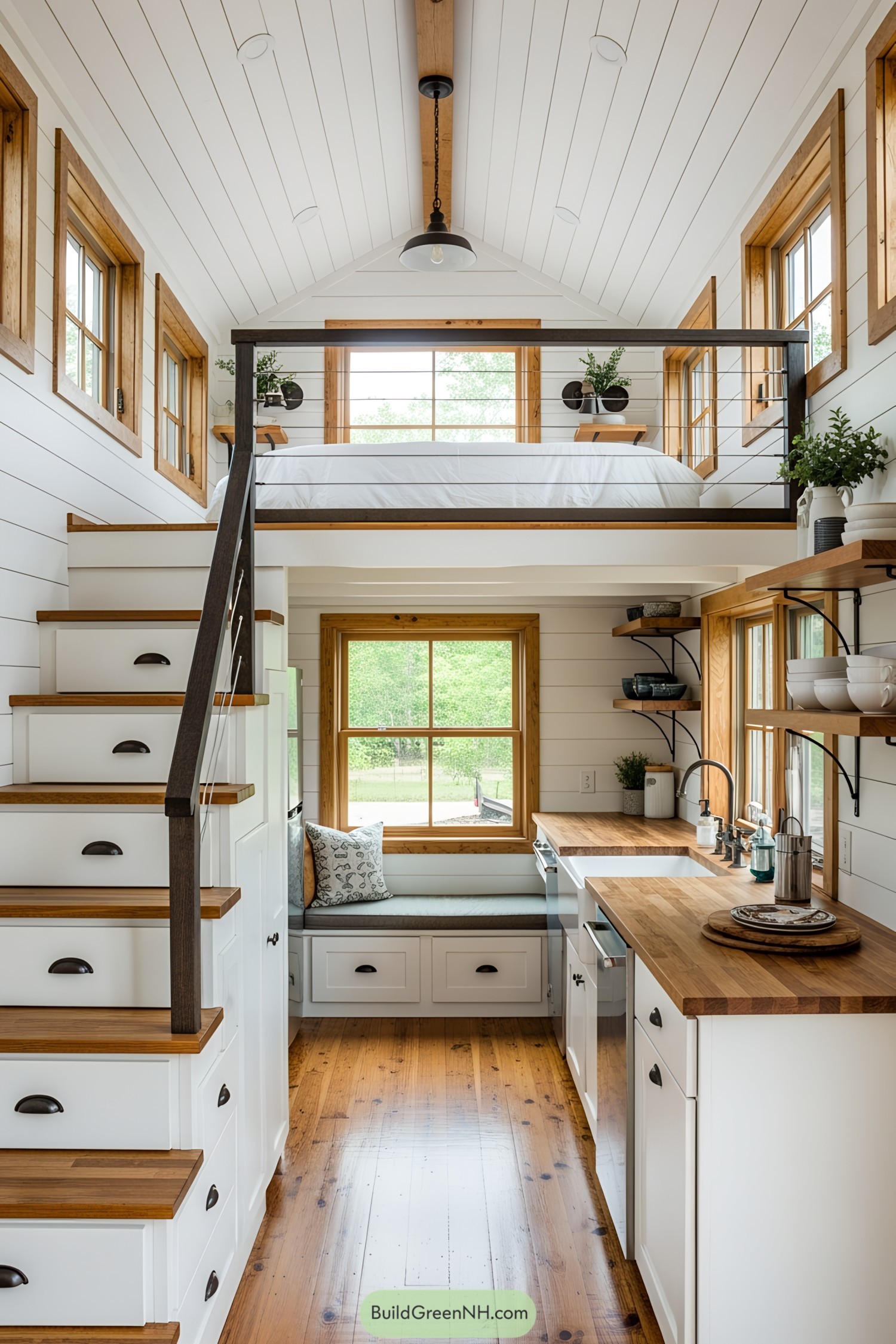 Cozy lofted living space with charming wood accents