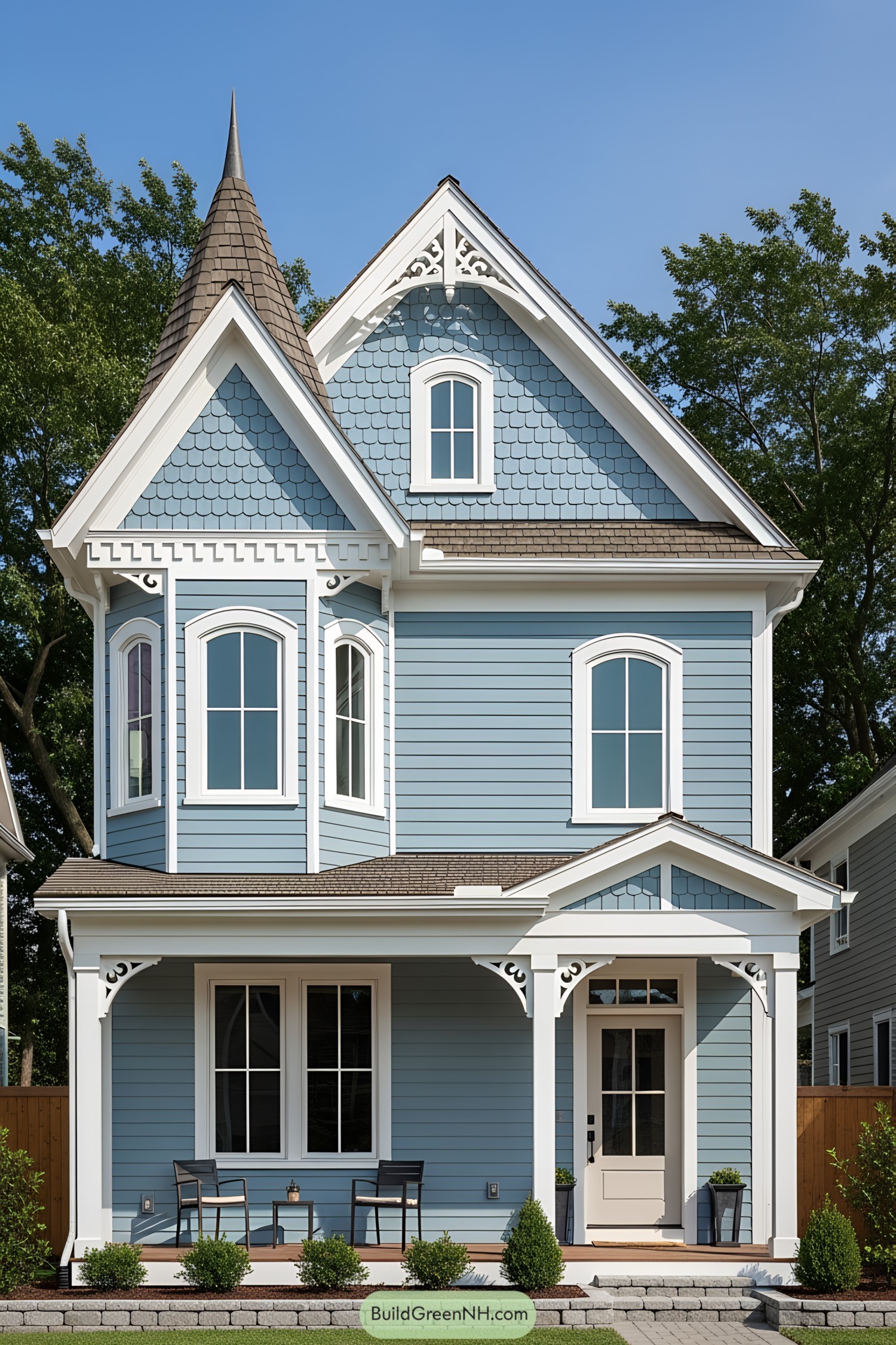 Quaint blue Victorian house with turret