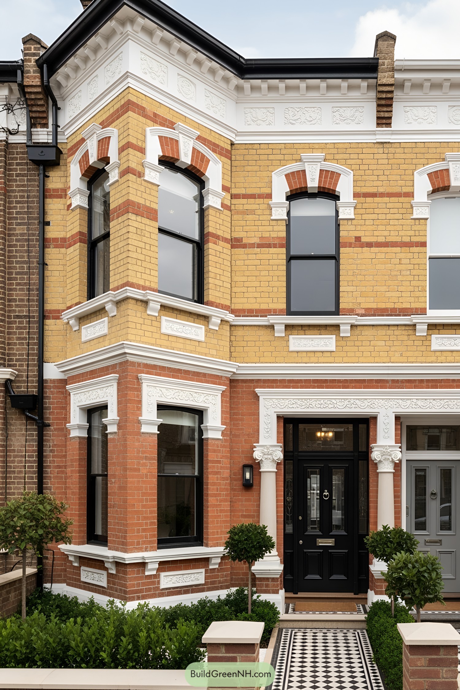 Victorian terrace with intricate brick patterns and ornate details