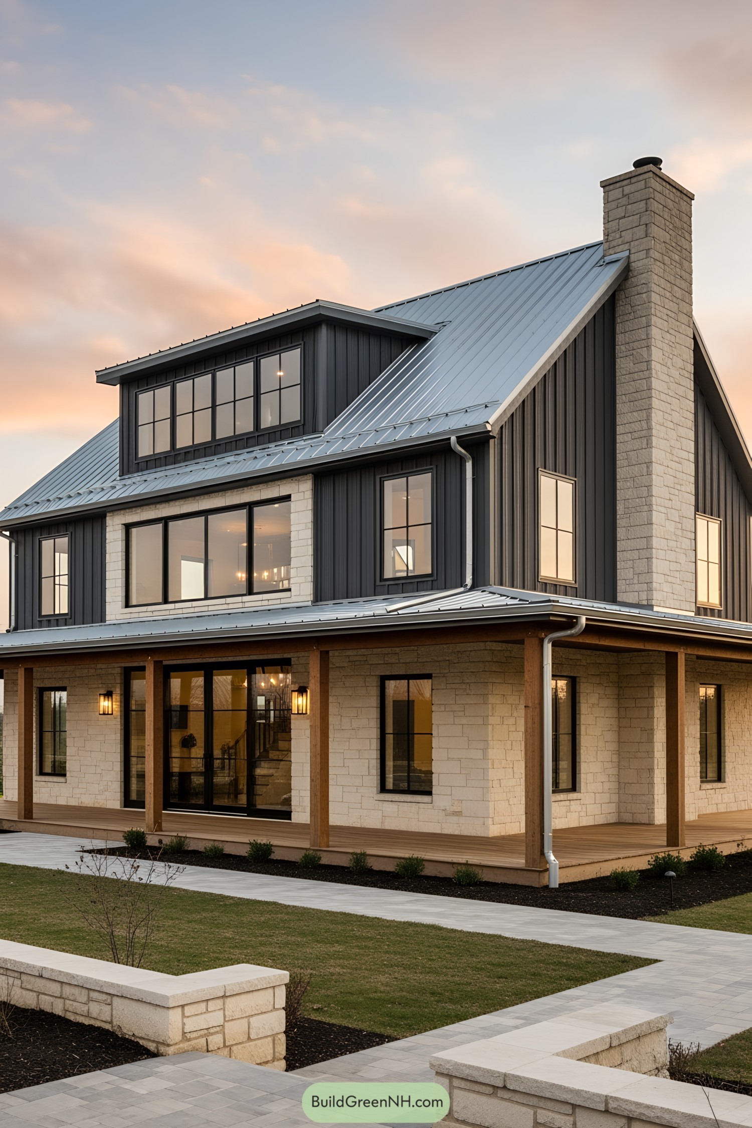 Modern barnhouse with wraparound porch at sunset
