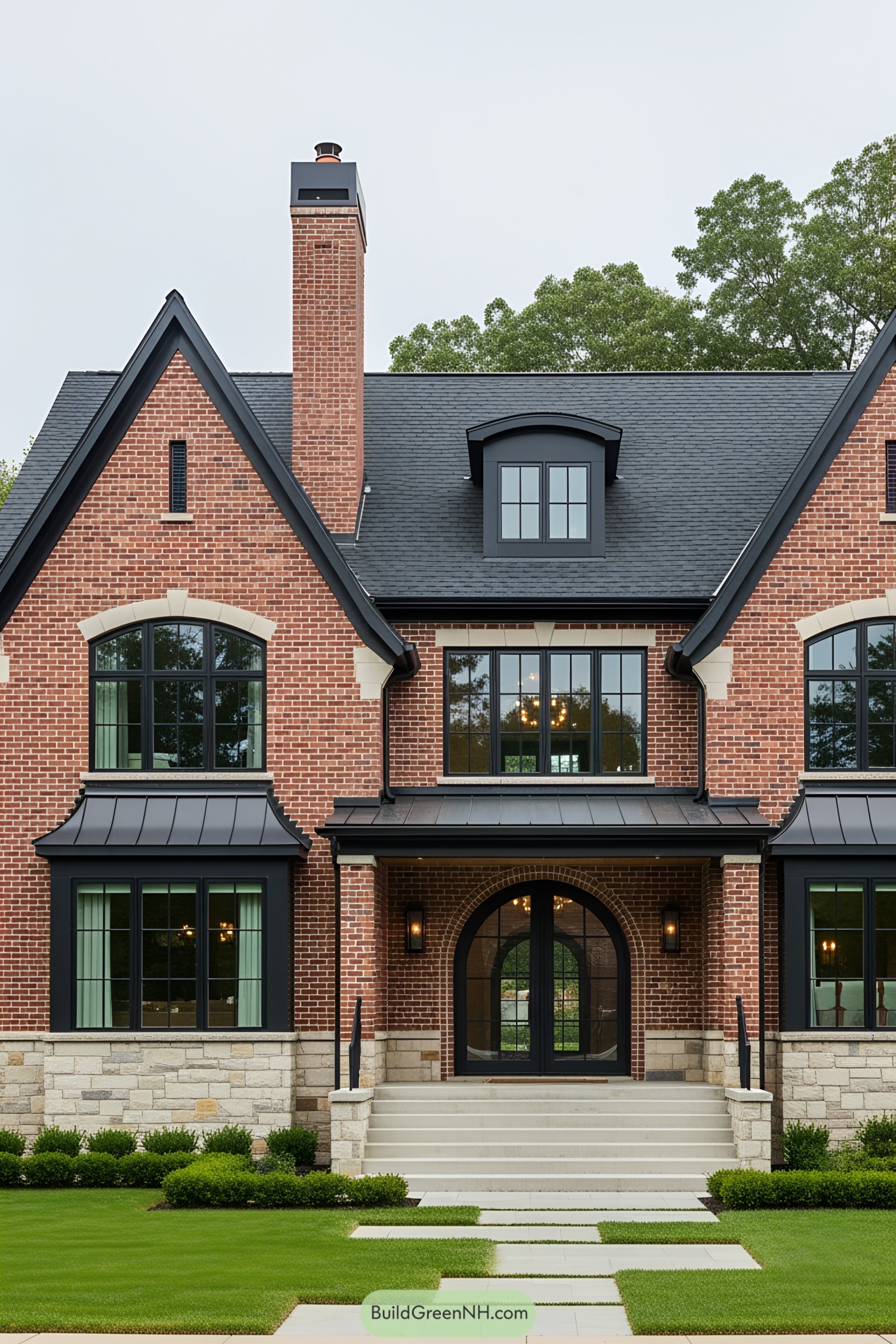 Brick farmhouse with tall chimney and manicured lawn