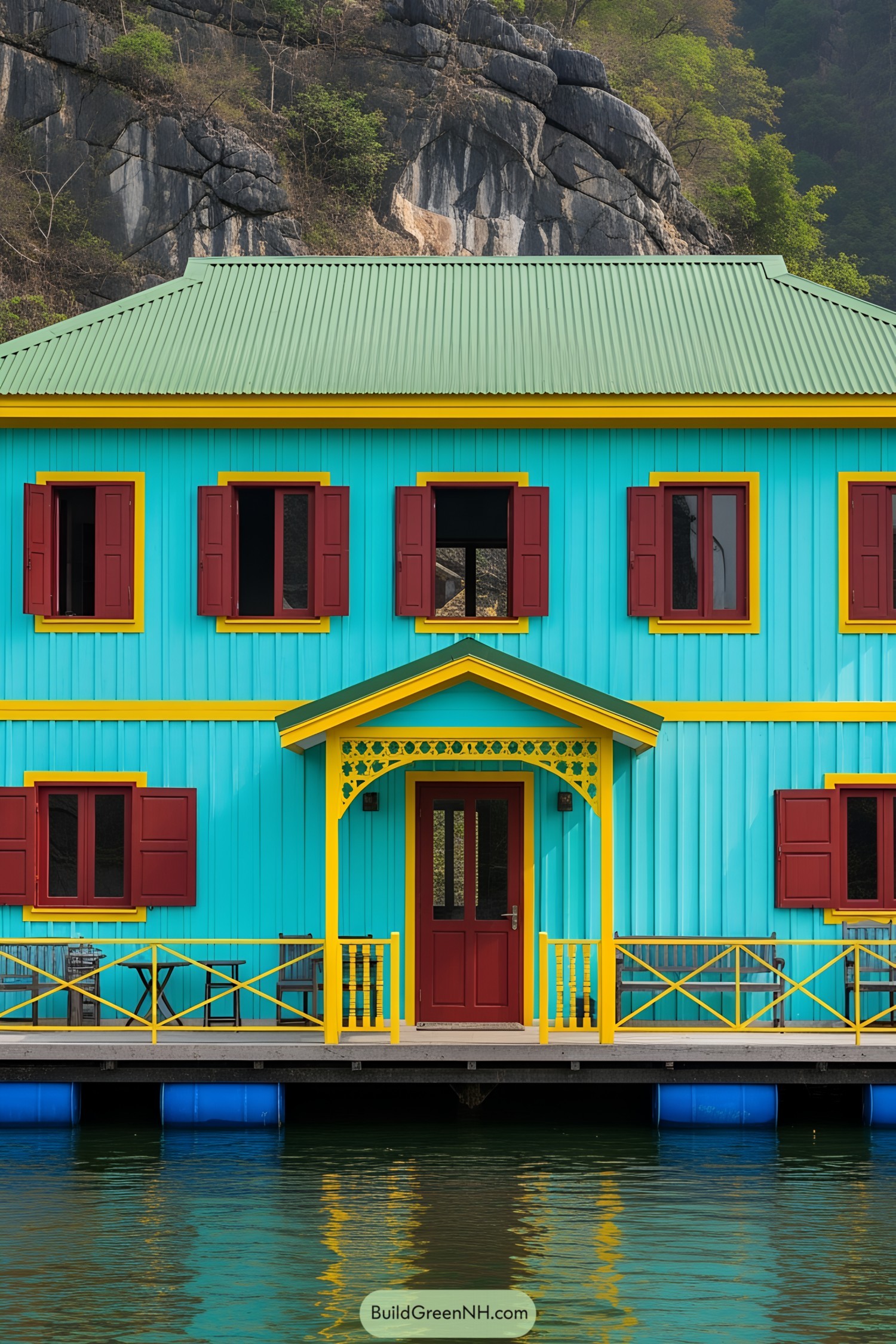 Colorful floating cottage with bold accents