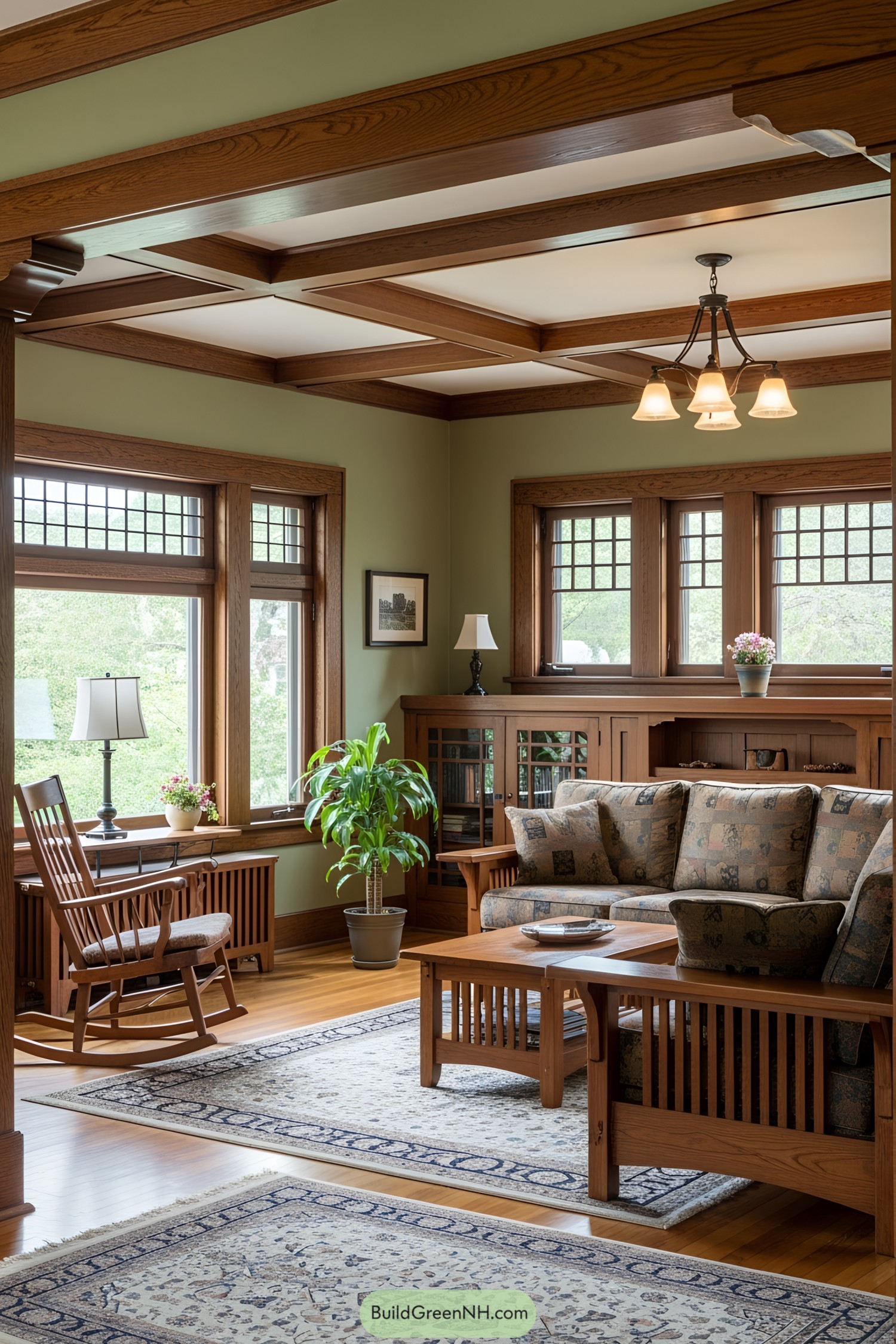 Wooden accents and cozy vibes in a craftsman living room