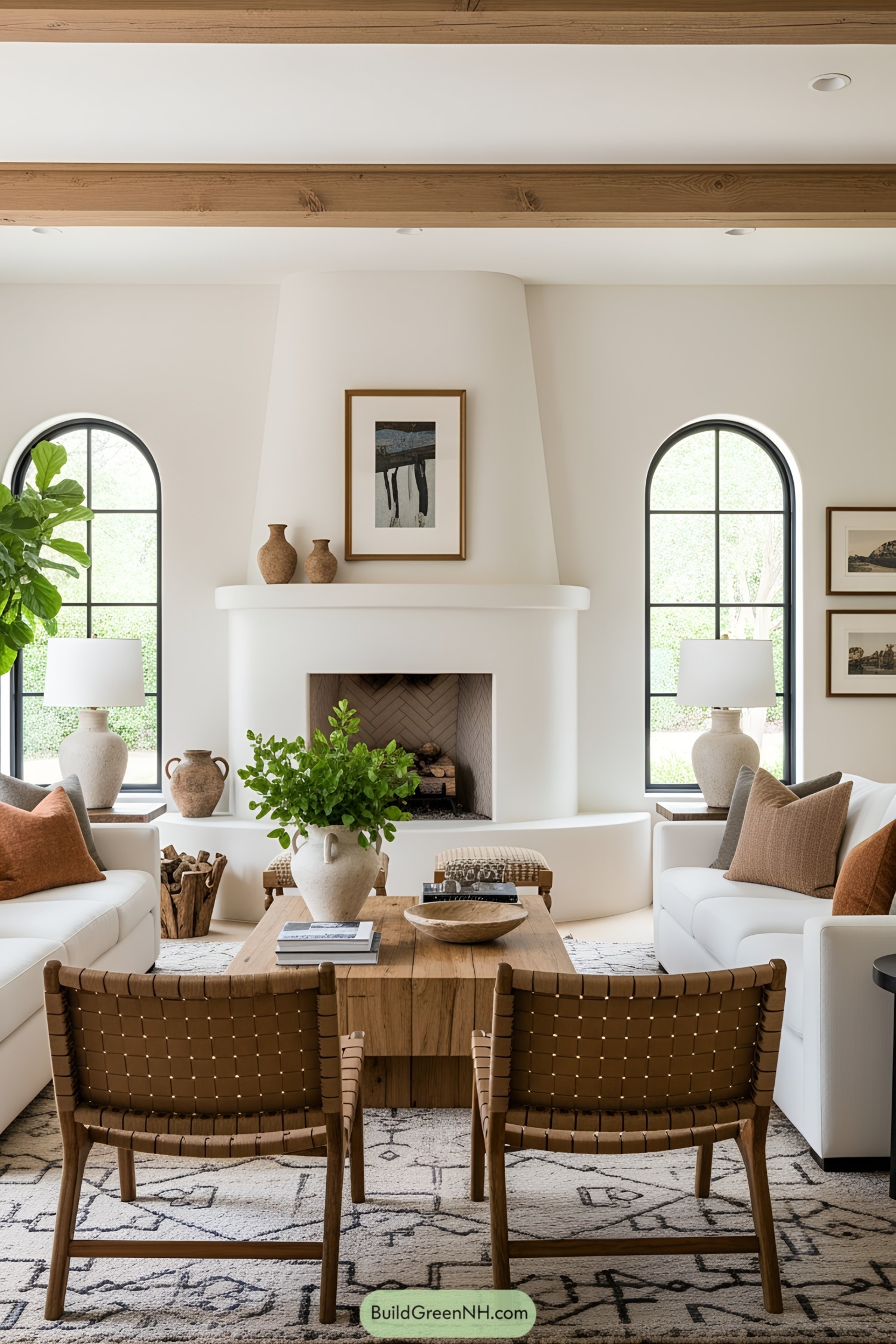 Living room with arched windows and cozy fireplace