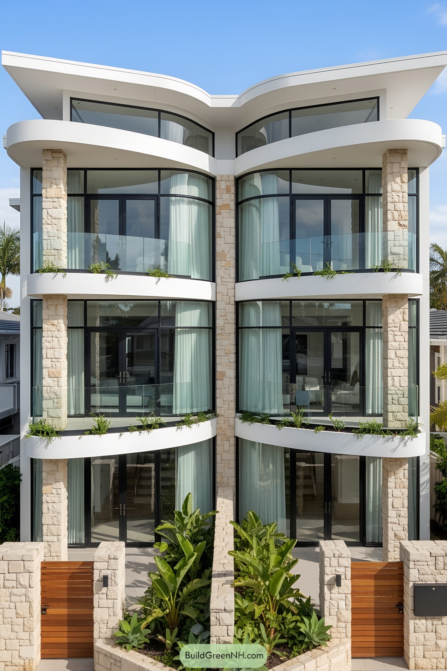 Modern duplex featuring stone and glass design