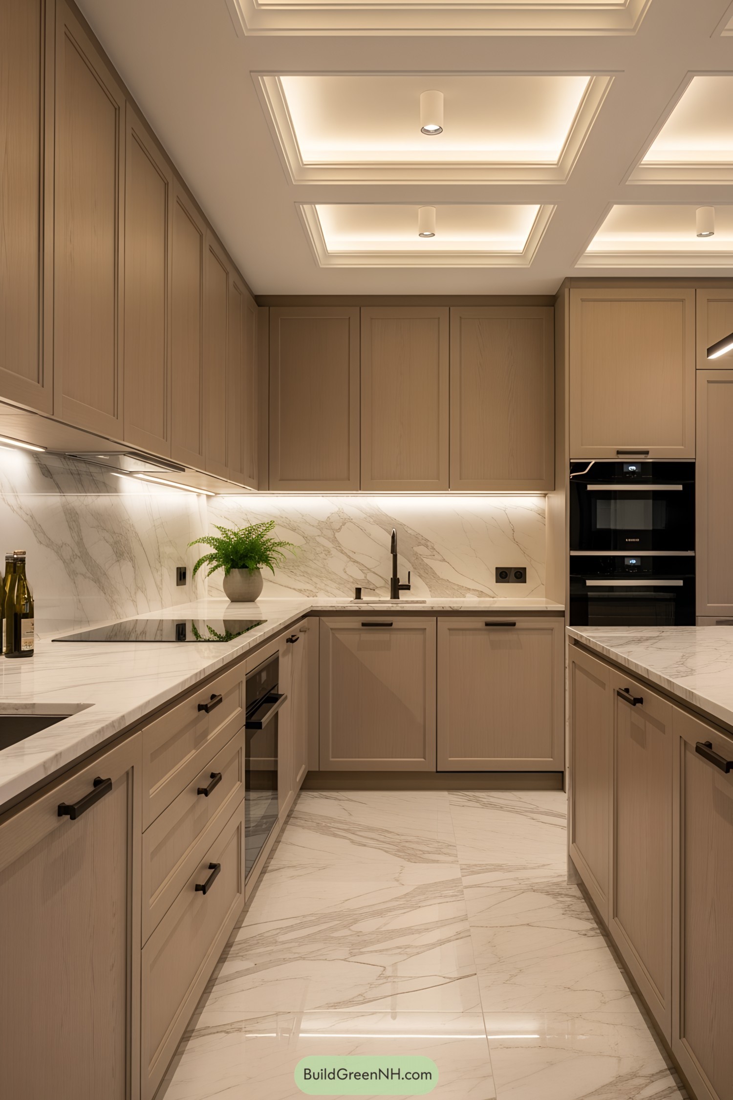 Modern kitchen with wood cabinets and marble surfaces