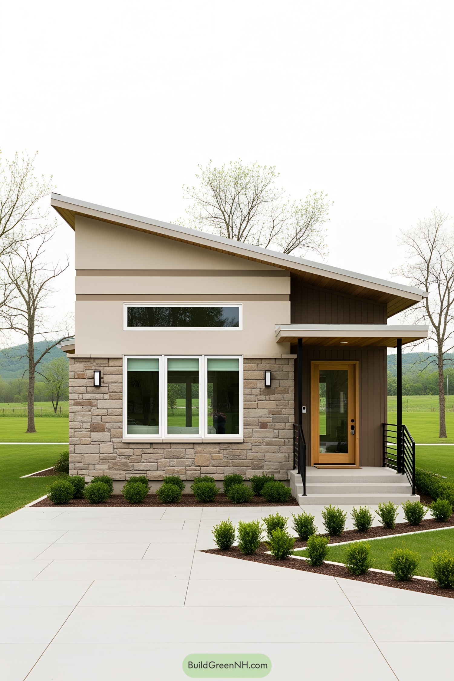 Modern minimalist bungalow with a stone facade and a slanted roof