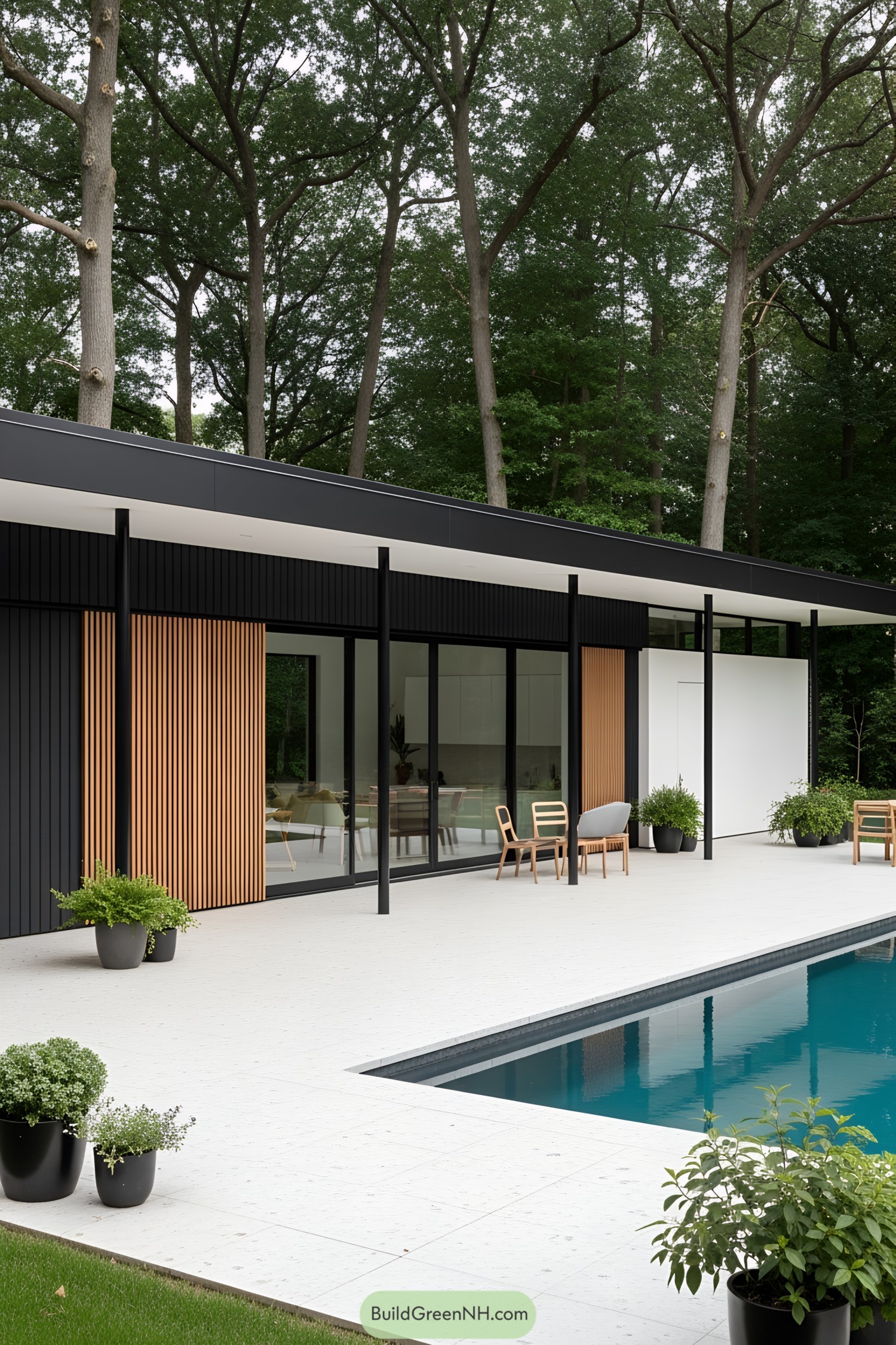 Modern pool house with sleek design and natural surroundings