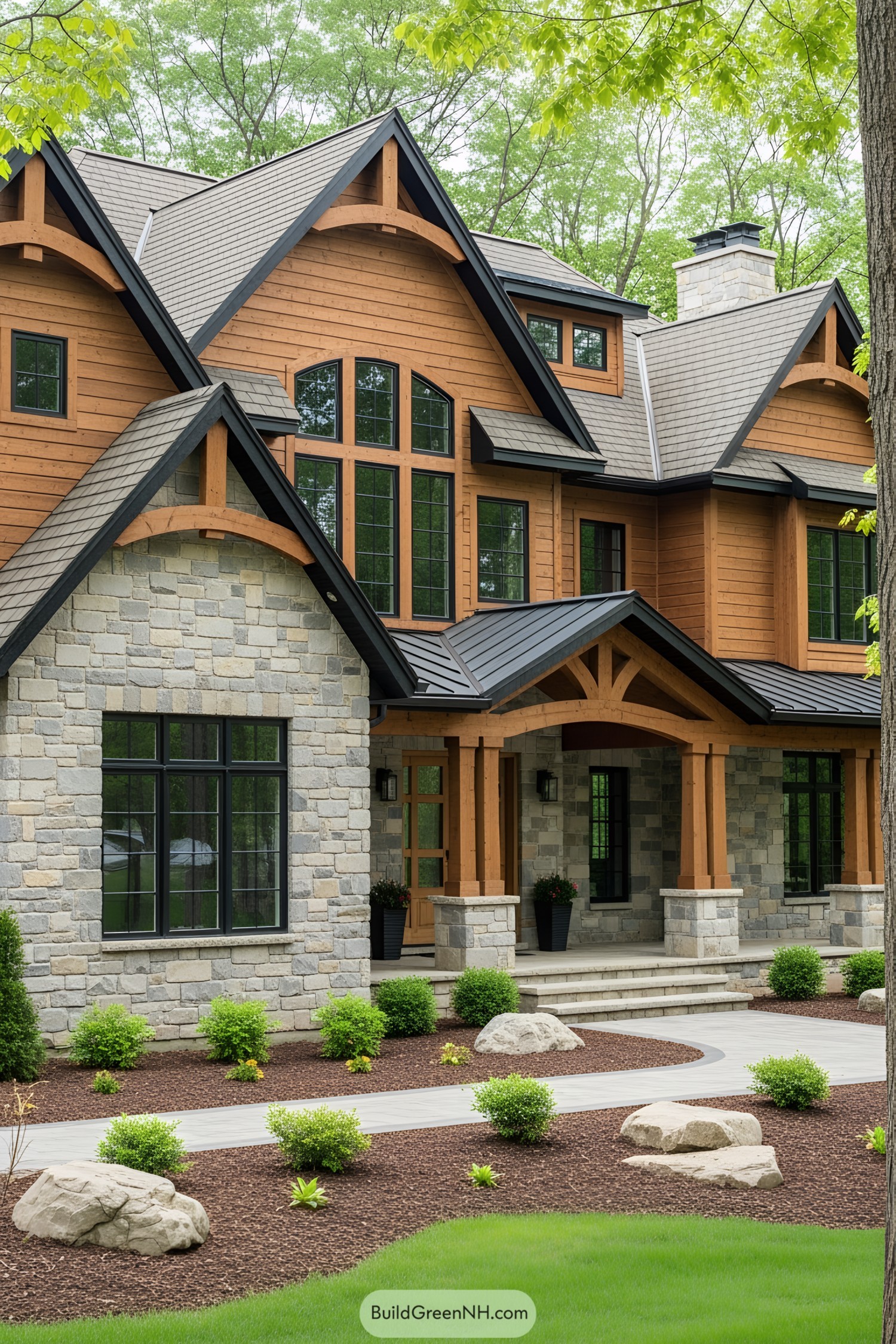 Modern rustic house with timber and stone elements surrounded by greenery