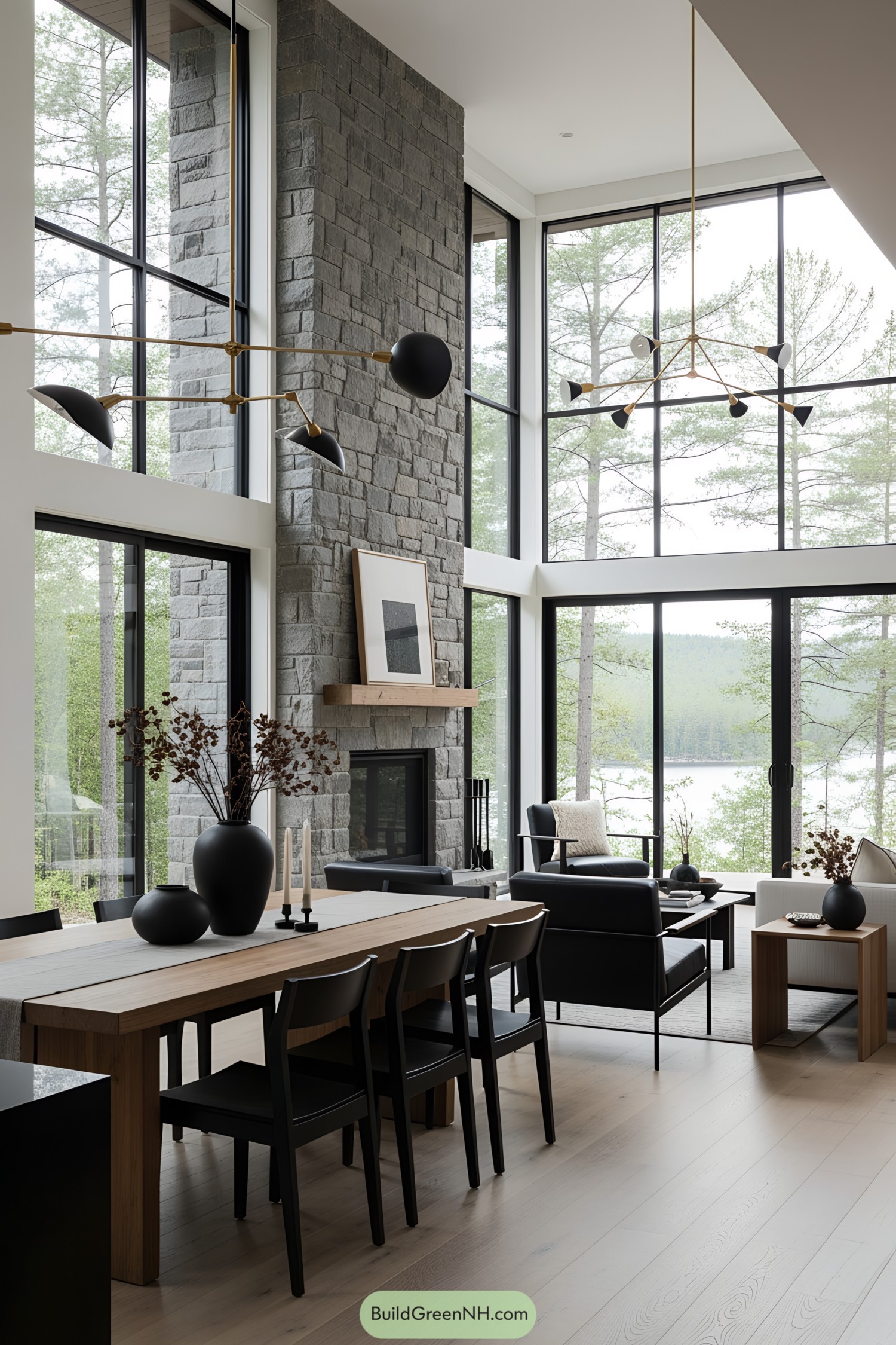 Contemporary living room with large stone fireplace and tall windows