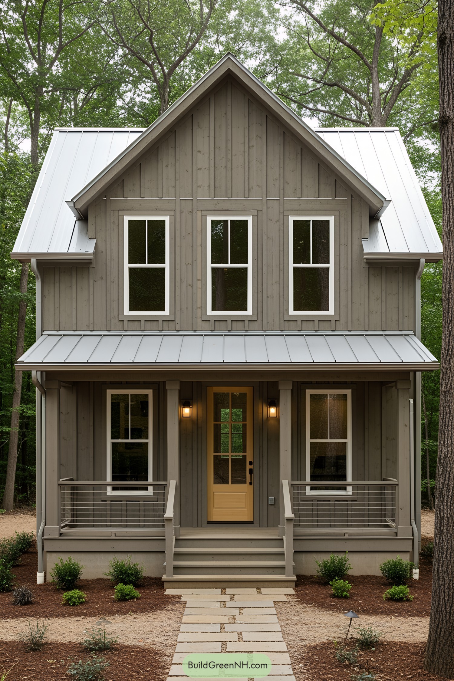 Charming rustic house with gray siding and a cozy porch