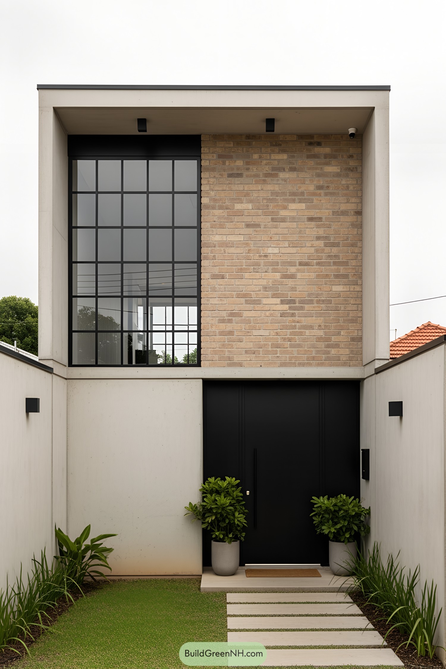 Modern house with large glass windows and a brick facade