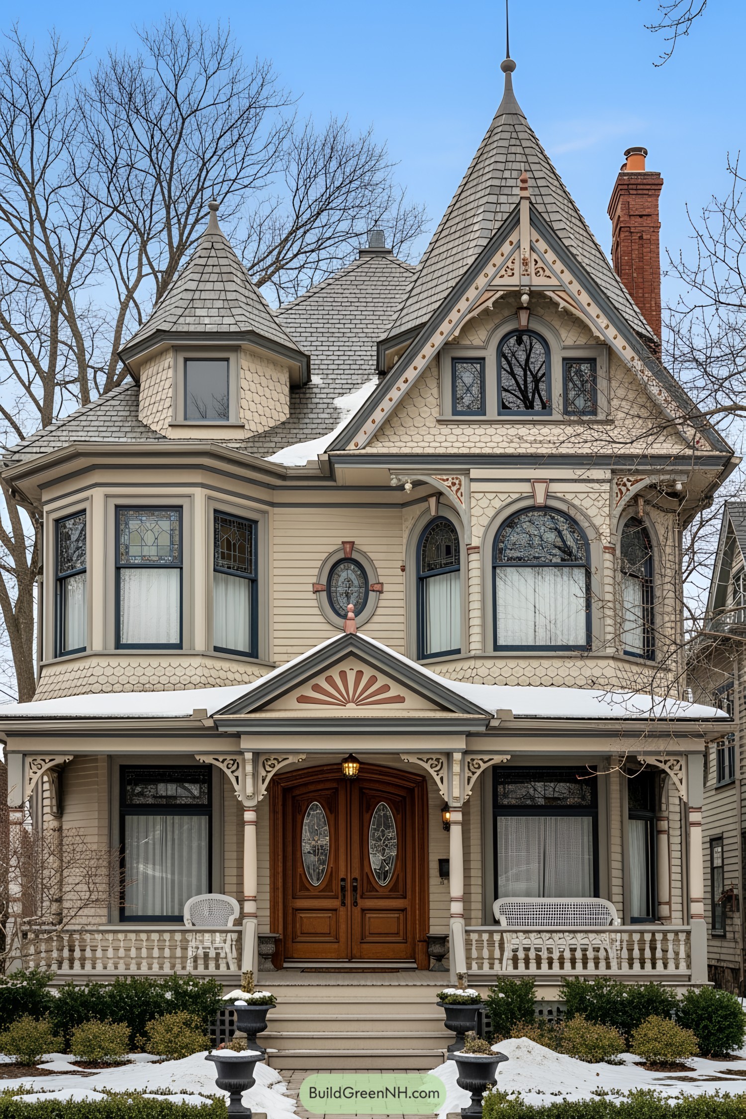 Victorian-style house with intricate wooden details under a clear sky