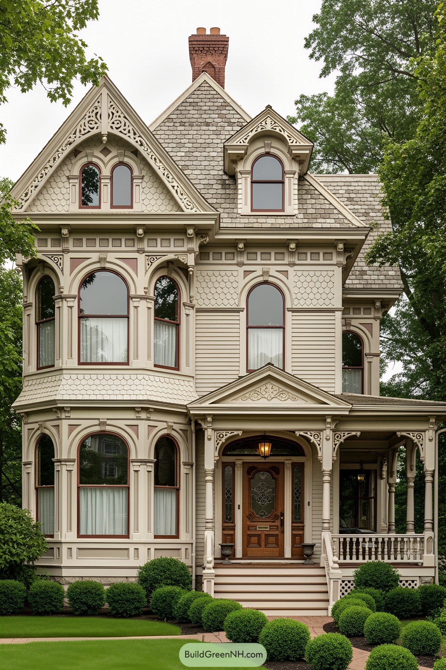 Victorian house with ornate detailing, large windows, and lush green surroundings