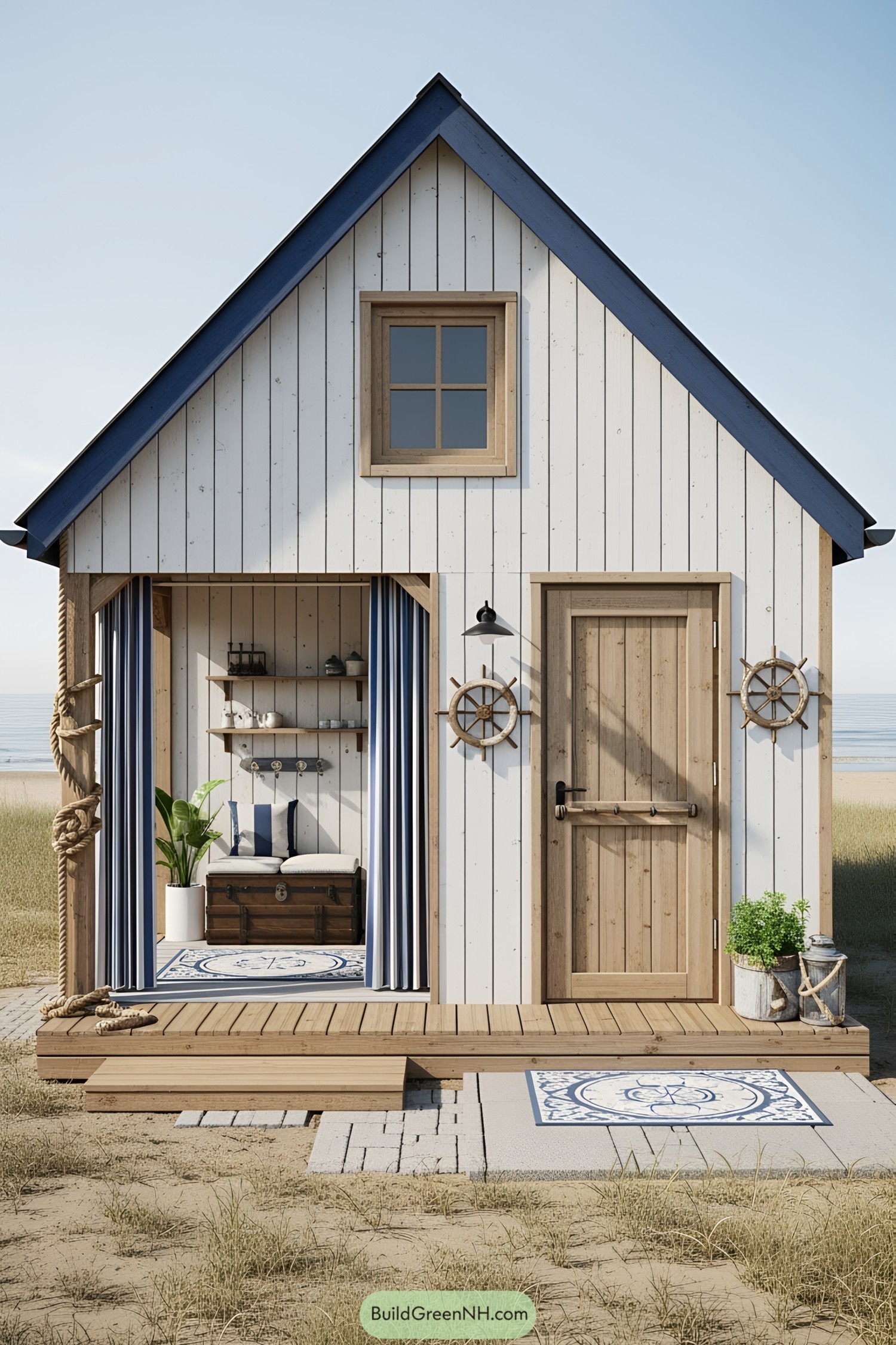 Tiny beach house with nautical decor on a sandy shore