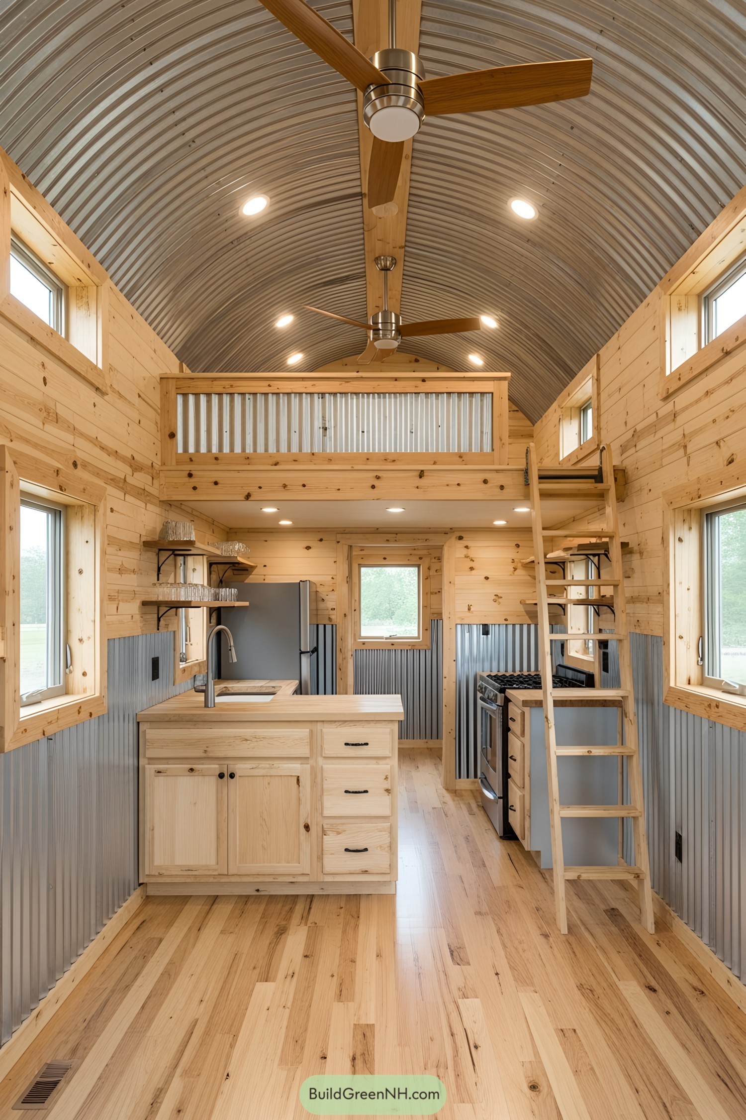 Tiny house with a wooden loft and corrugated metal ceiling