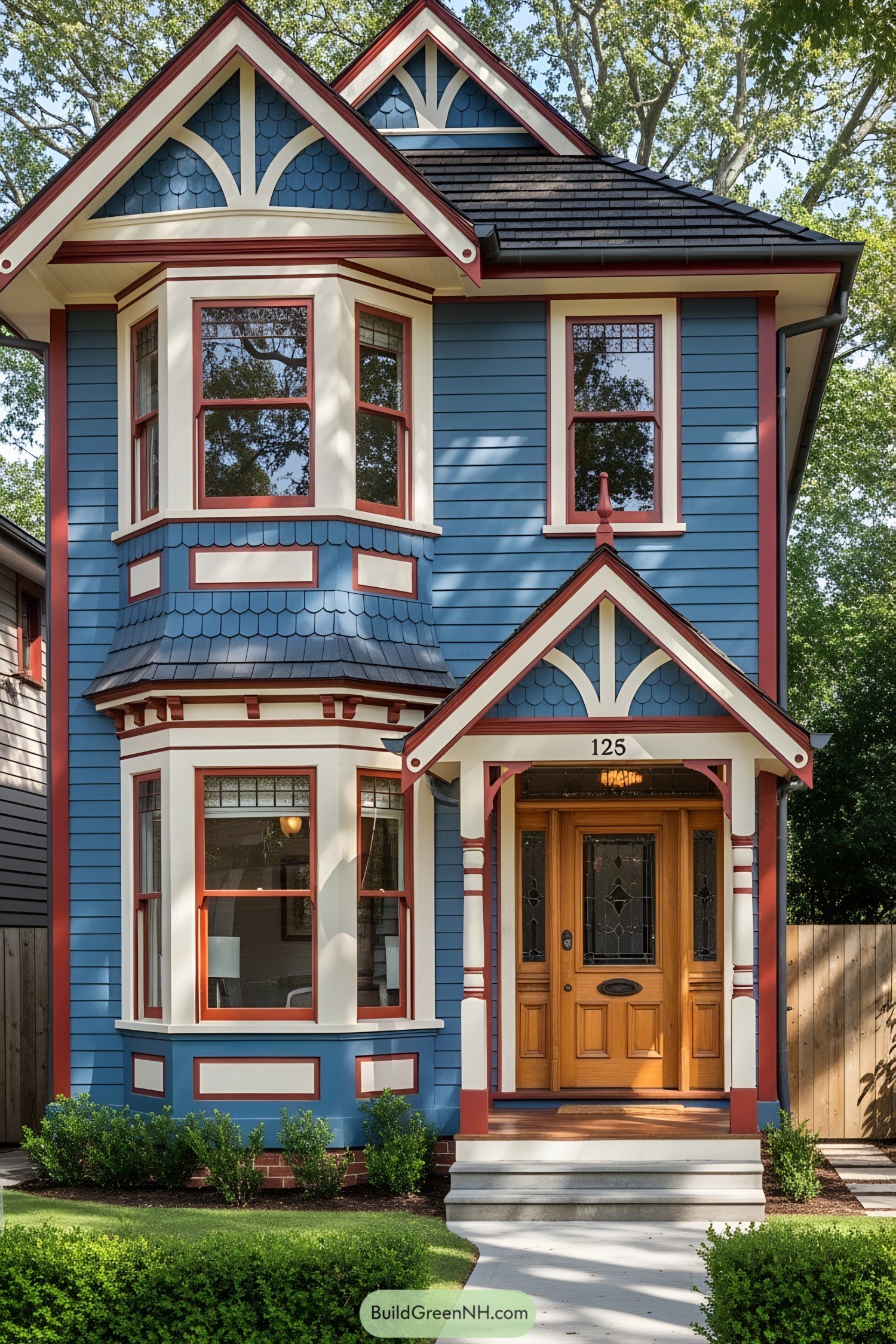 Charming small Victorian home with bright blue exterior and red trim