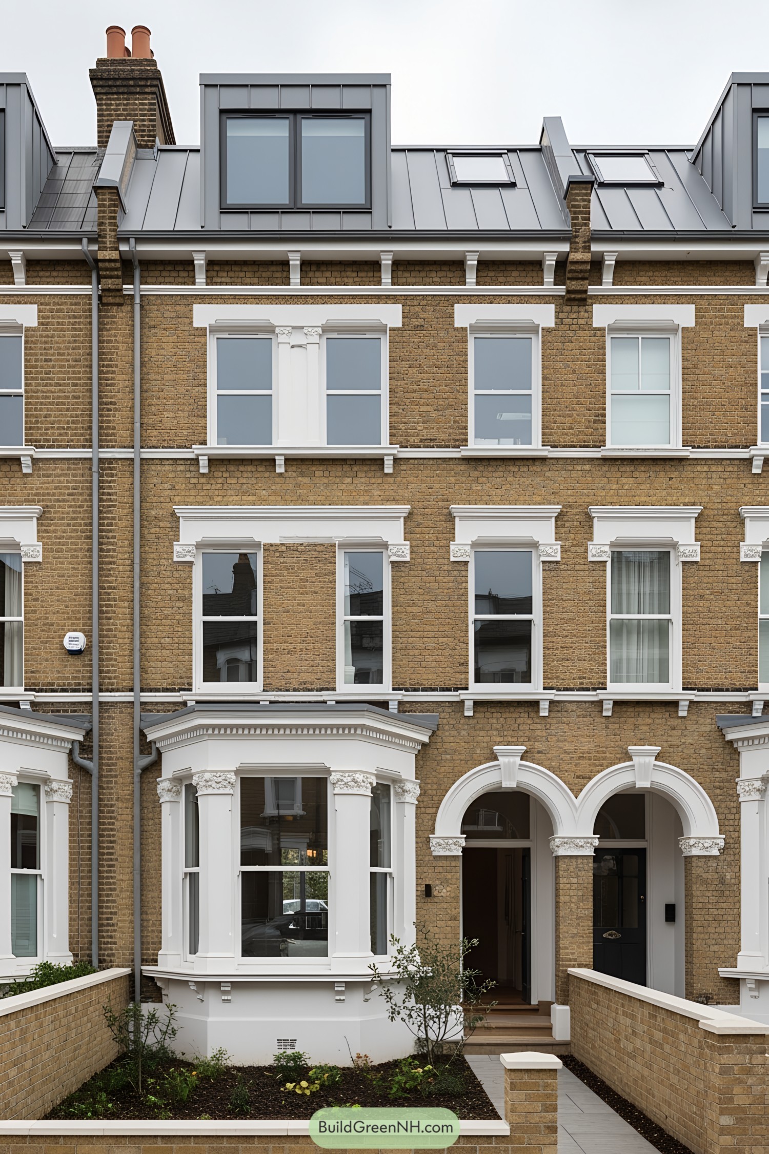 Classic Victorian terrace facade with brick and white accents