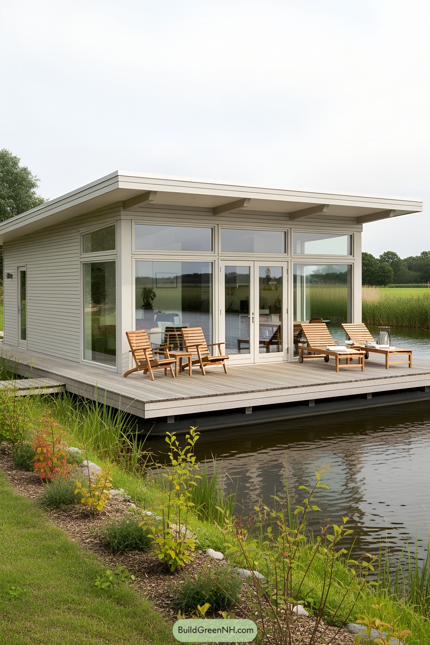 Modern floating house with large windows and deck chairs
