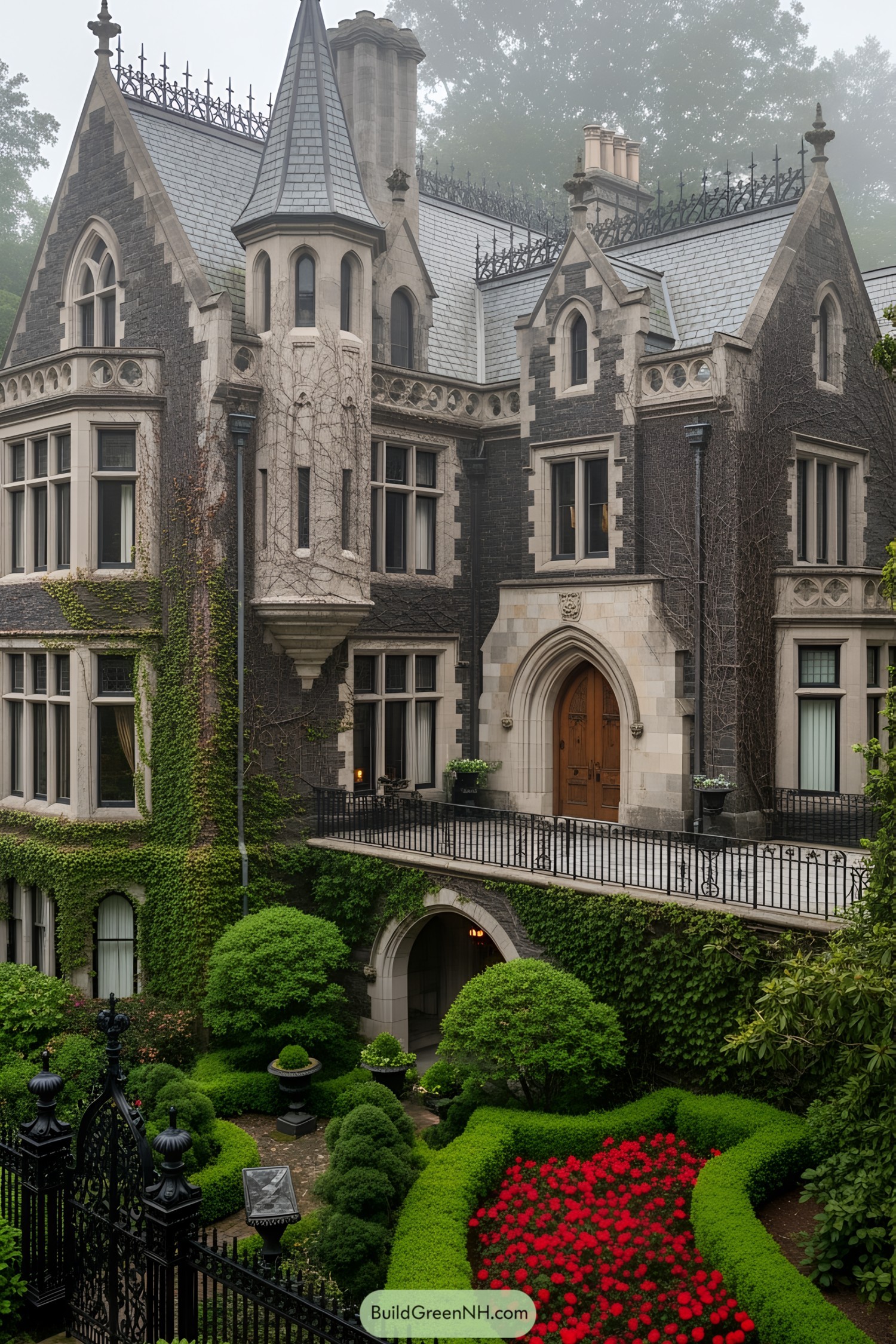 A majestic Gothic Victorian mansion with lush greenery