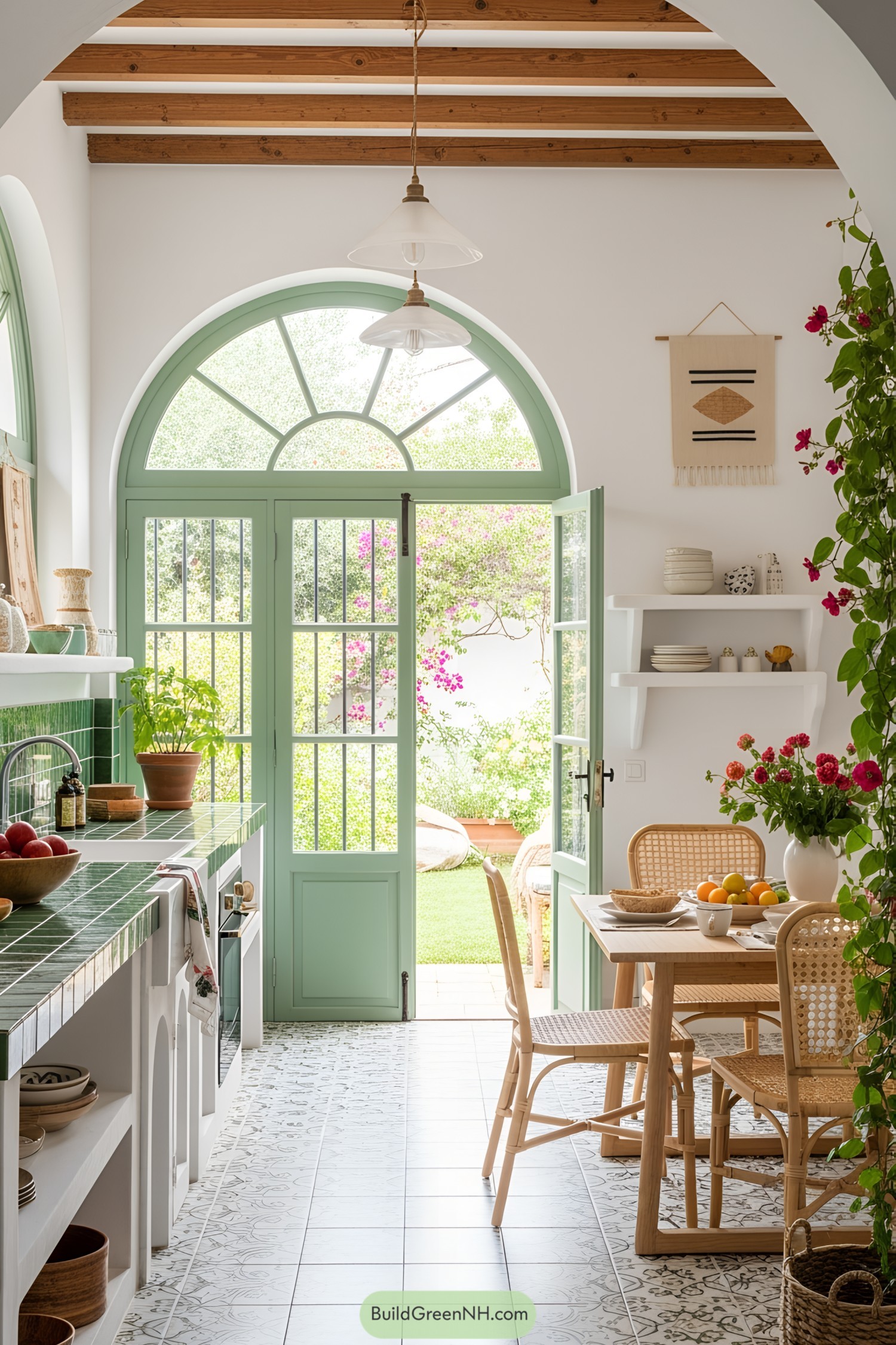 Bright Spanish kitchen with green tiles and wicker chairs
