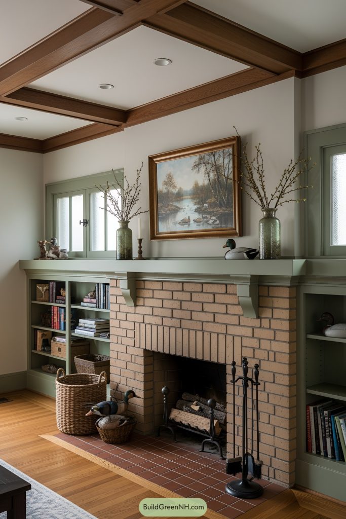 Living room in a craftsman style interior with a warm earthy color theme centered around sage green and natural brick tones. Architectural details