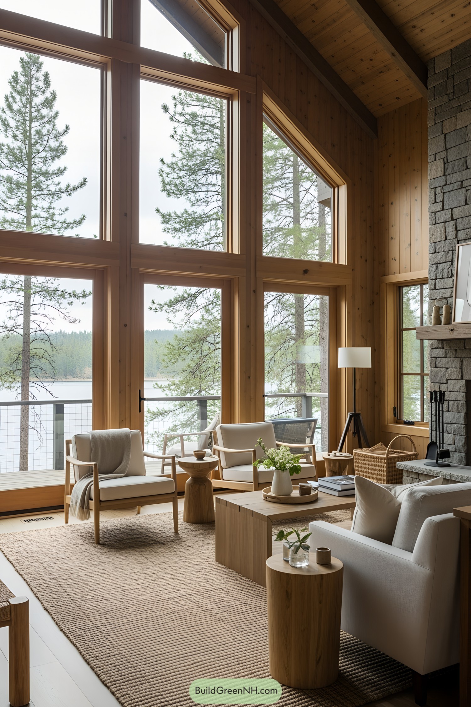 Bright living room with large windows and a stone fireplace