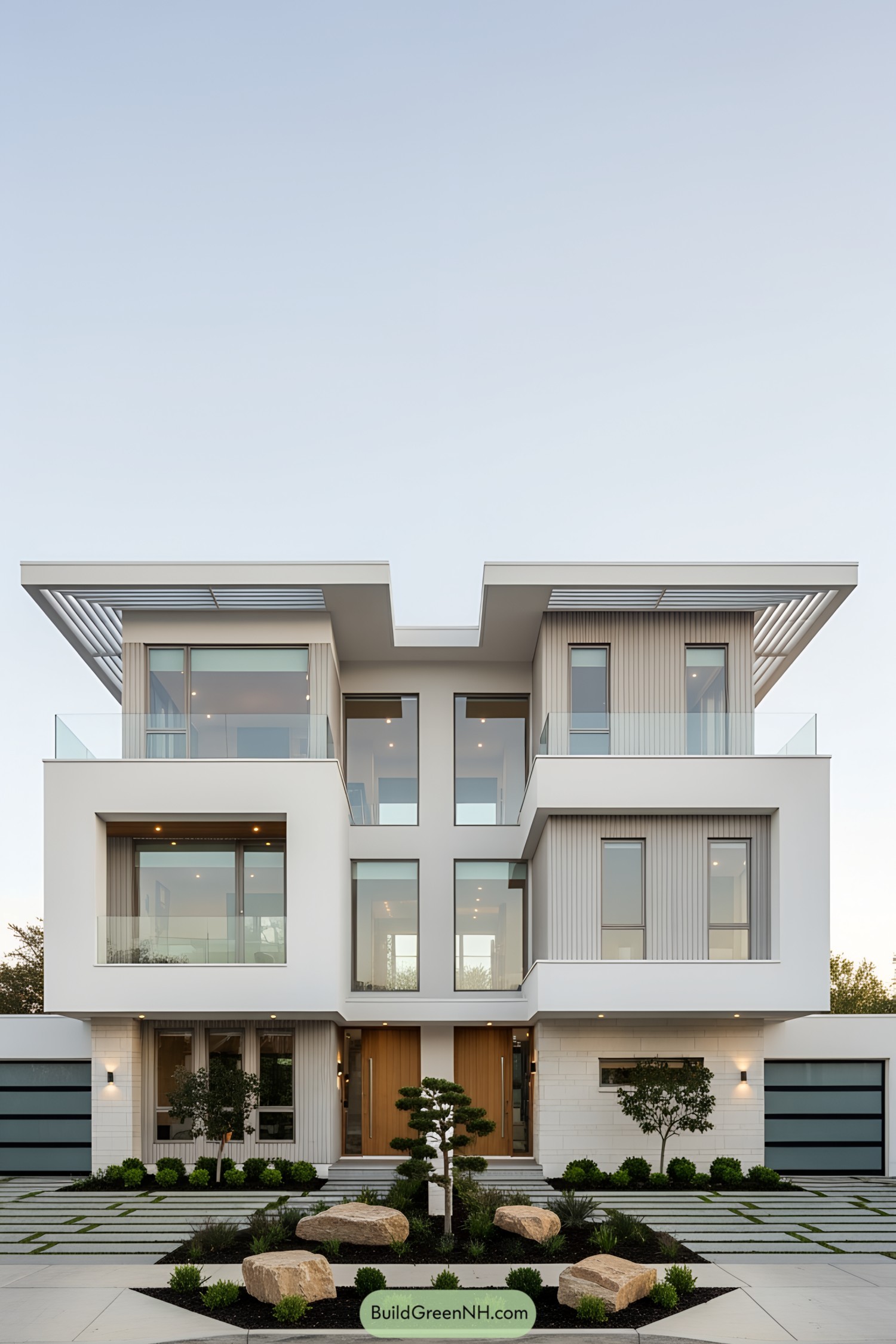 Contemporary duplex with sleek design and lush landscaping
