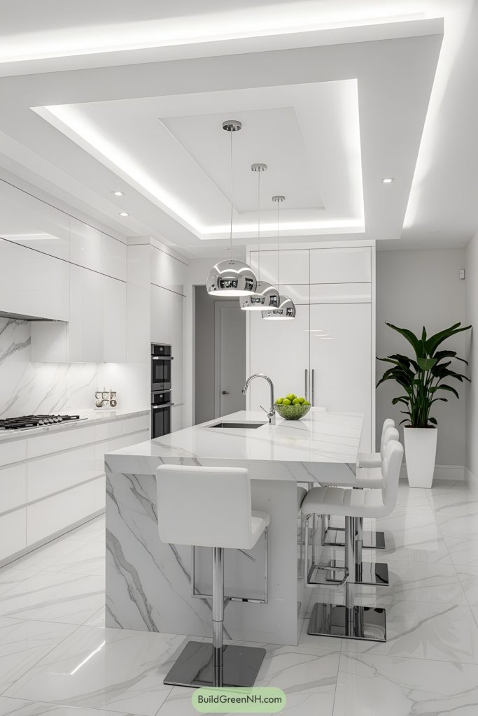 Luxury modern kitchen interior with a sleek contemporary aesthetic dominated by a bright monochromatic white and grey color palette. High gloss