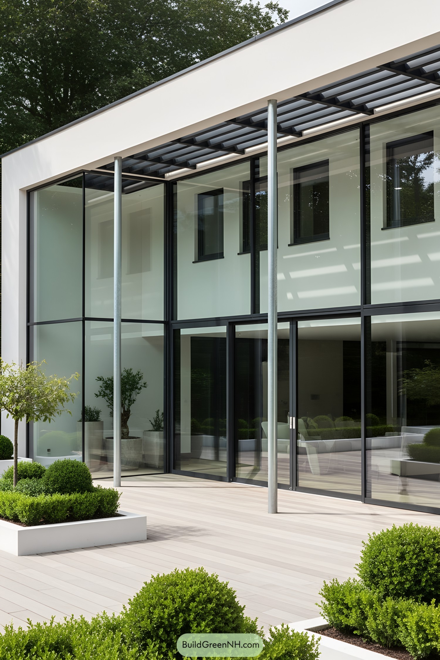 Modern glass terrace with plants and sofas