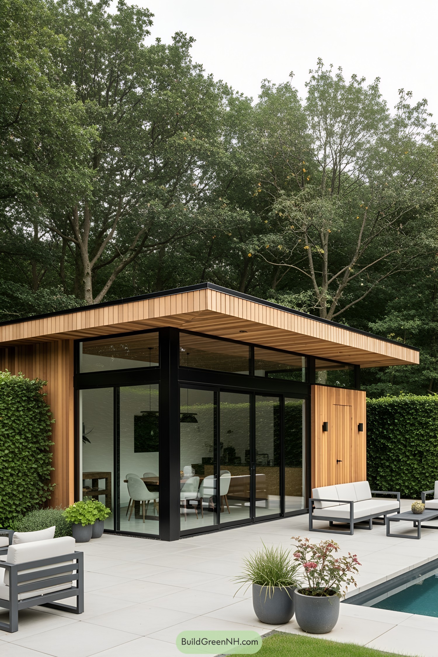 Modern pool house with glass walls and wooden accents