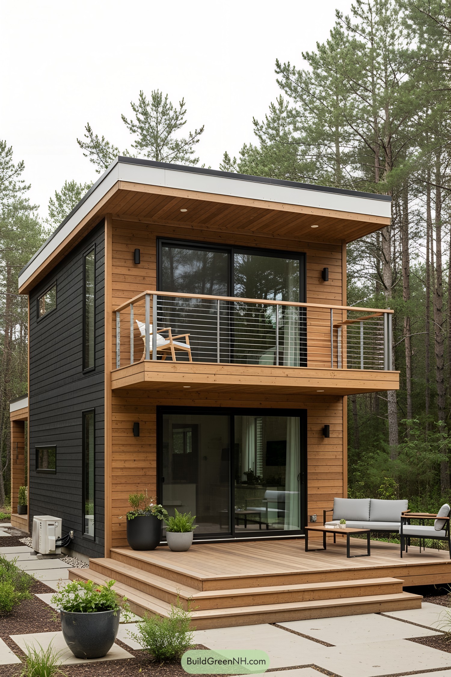 Modern small house with wood and glass, nestled among trees