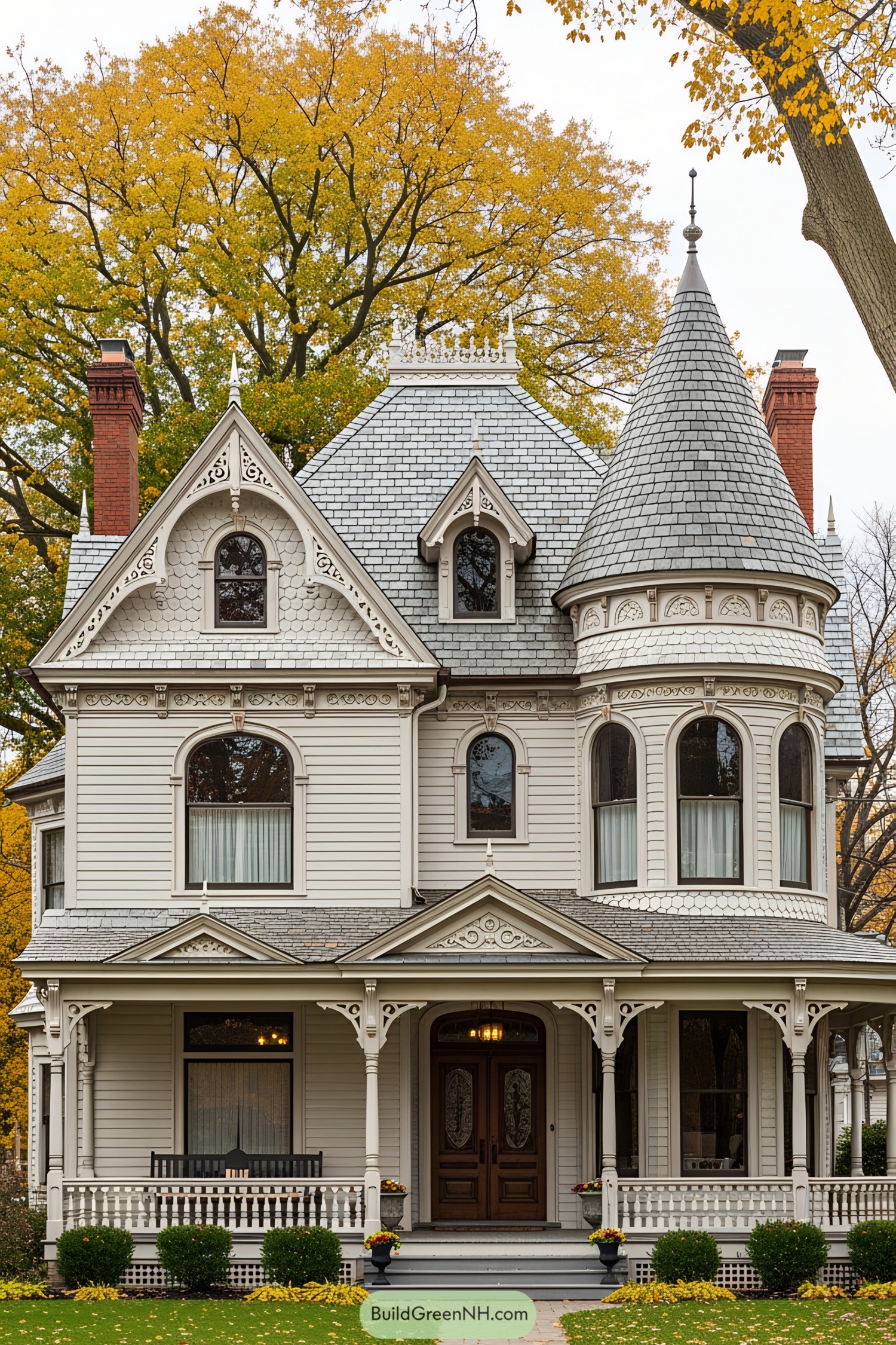 Elegant Victorian cottage with detailed roof and turret