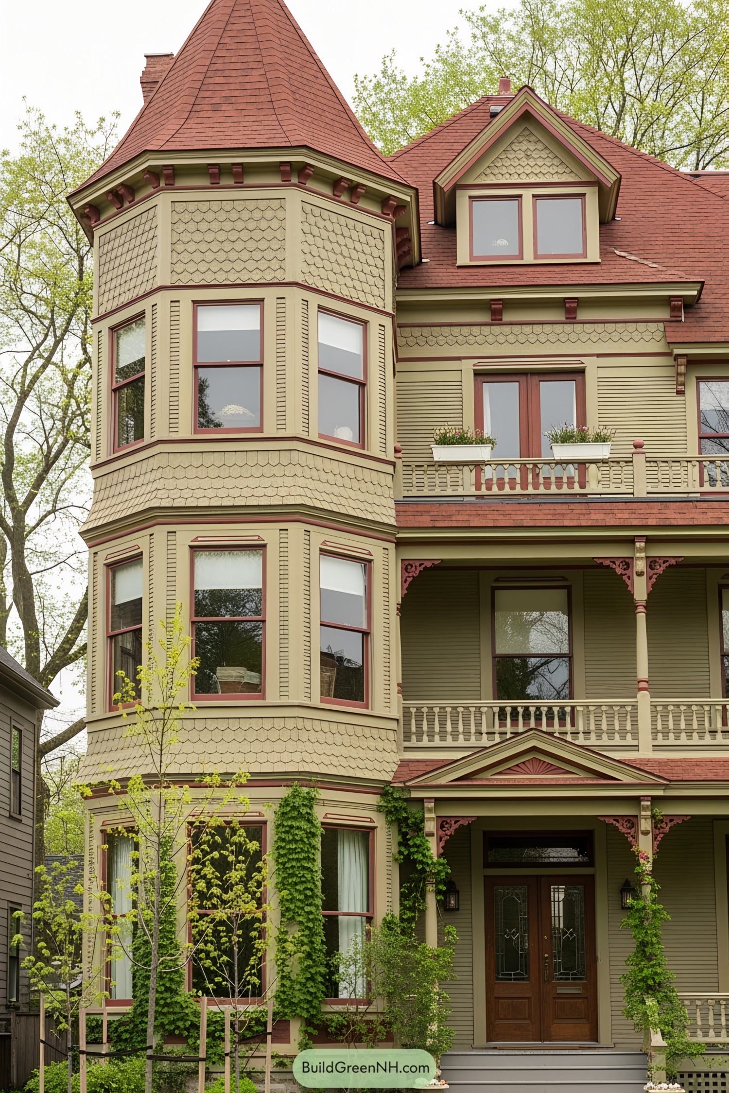 Charming Victorian house with a red turret and green facade