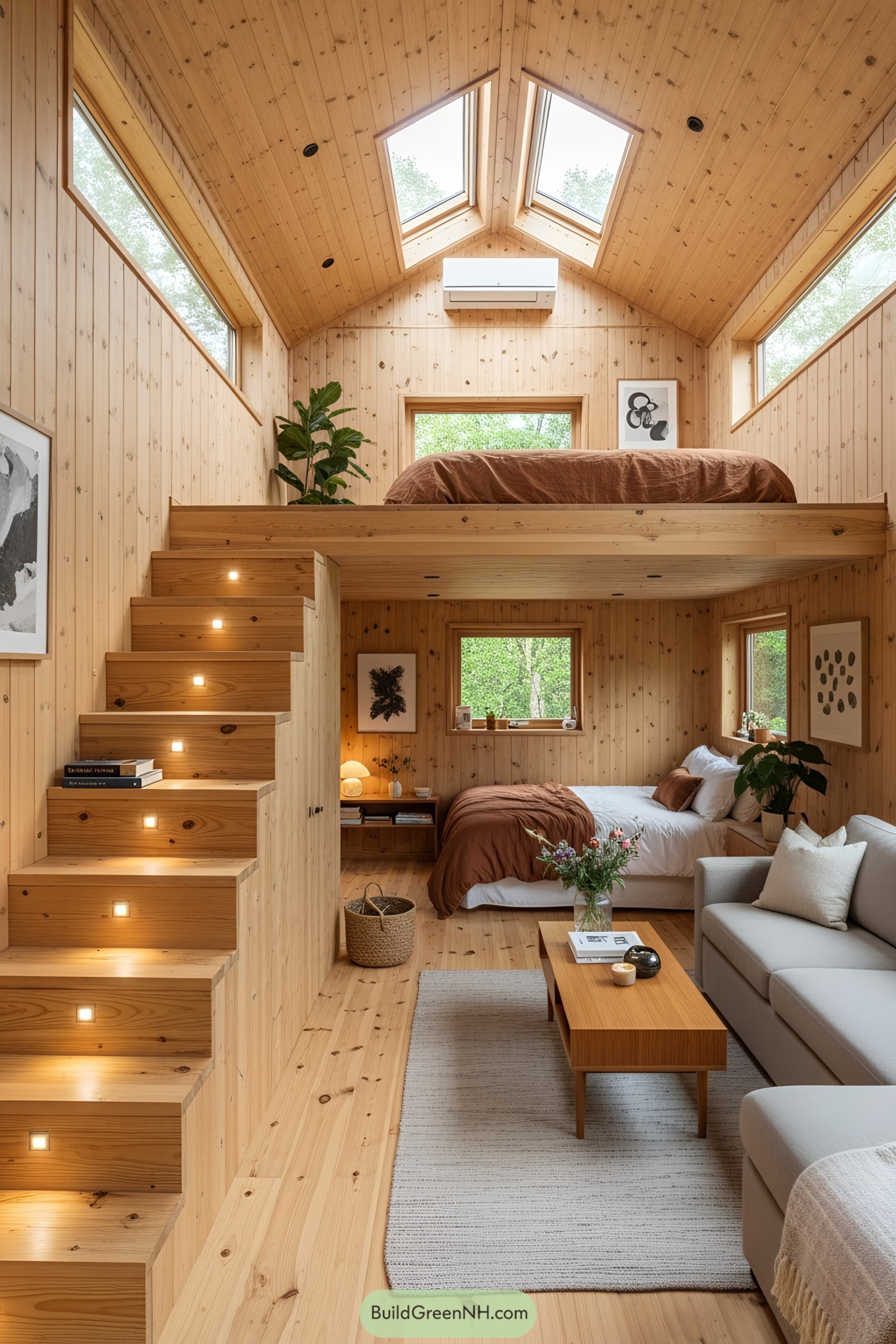 Cozy lofted tiny house with natural wood interior