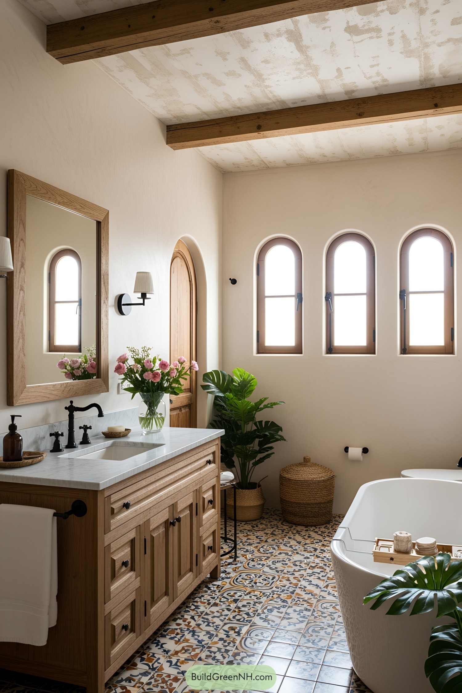 Spanish-style bathroom with arched windows and a freestanding tub