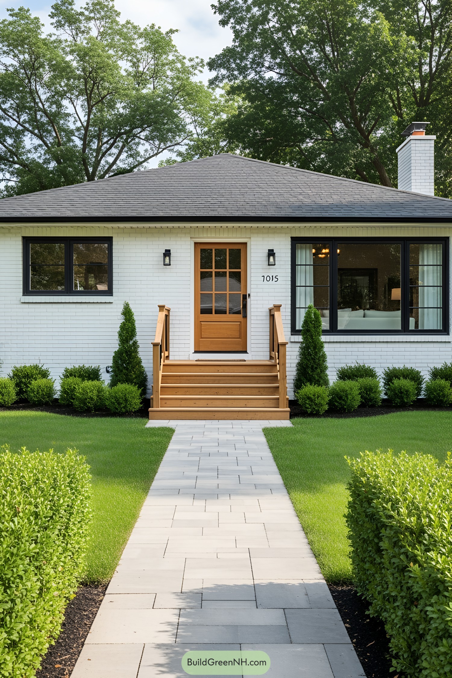Charming bungalow with white brick exterior and wooden accents