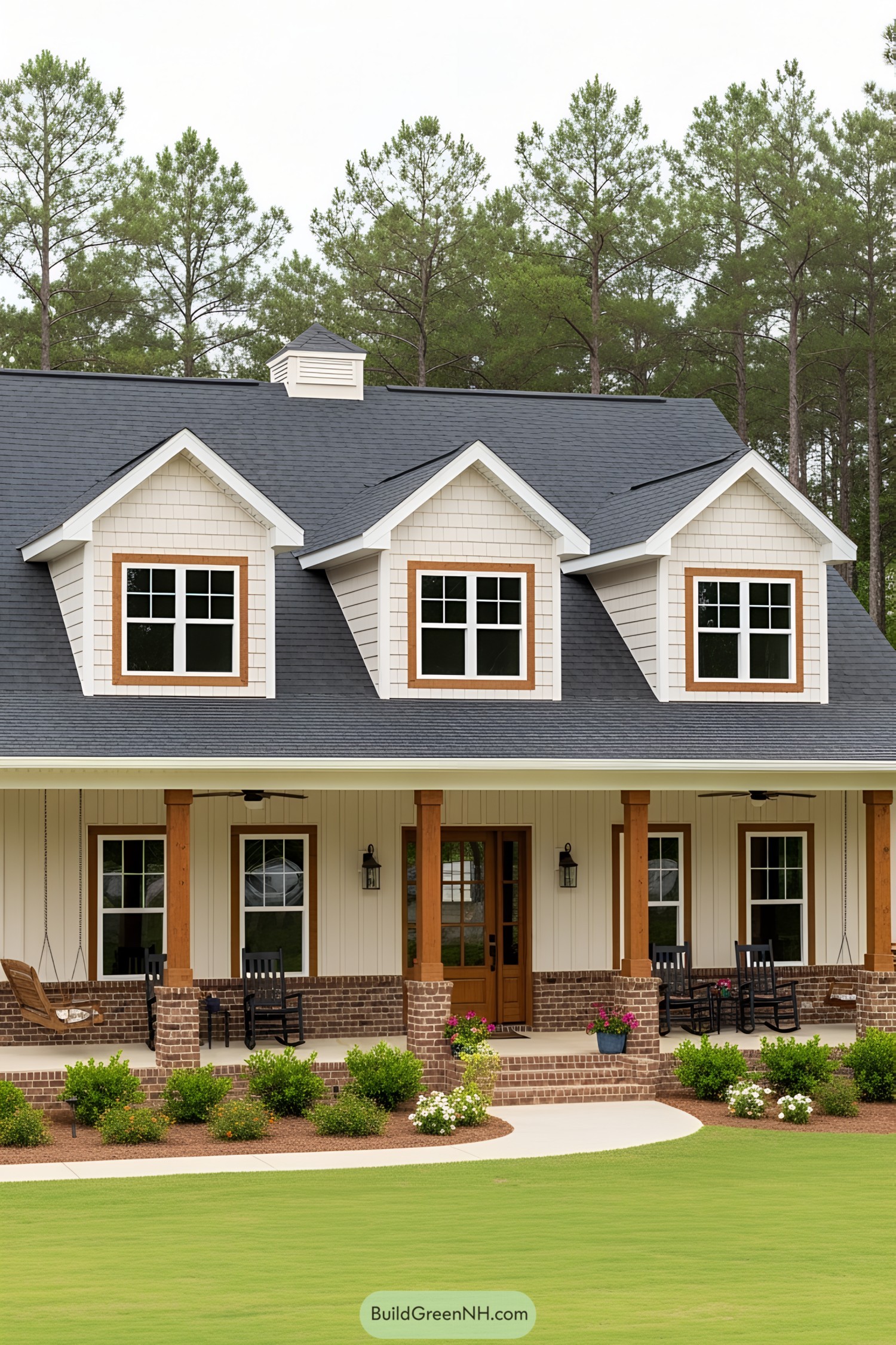 Charming barndominium with wraparound porch and lush surroundings