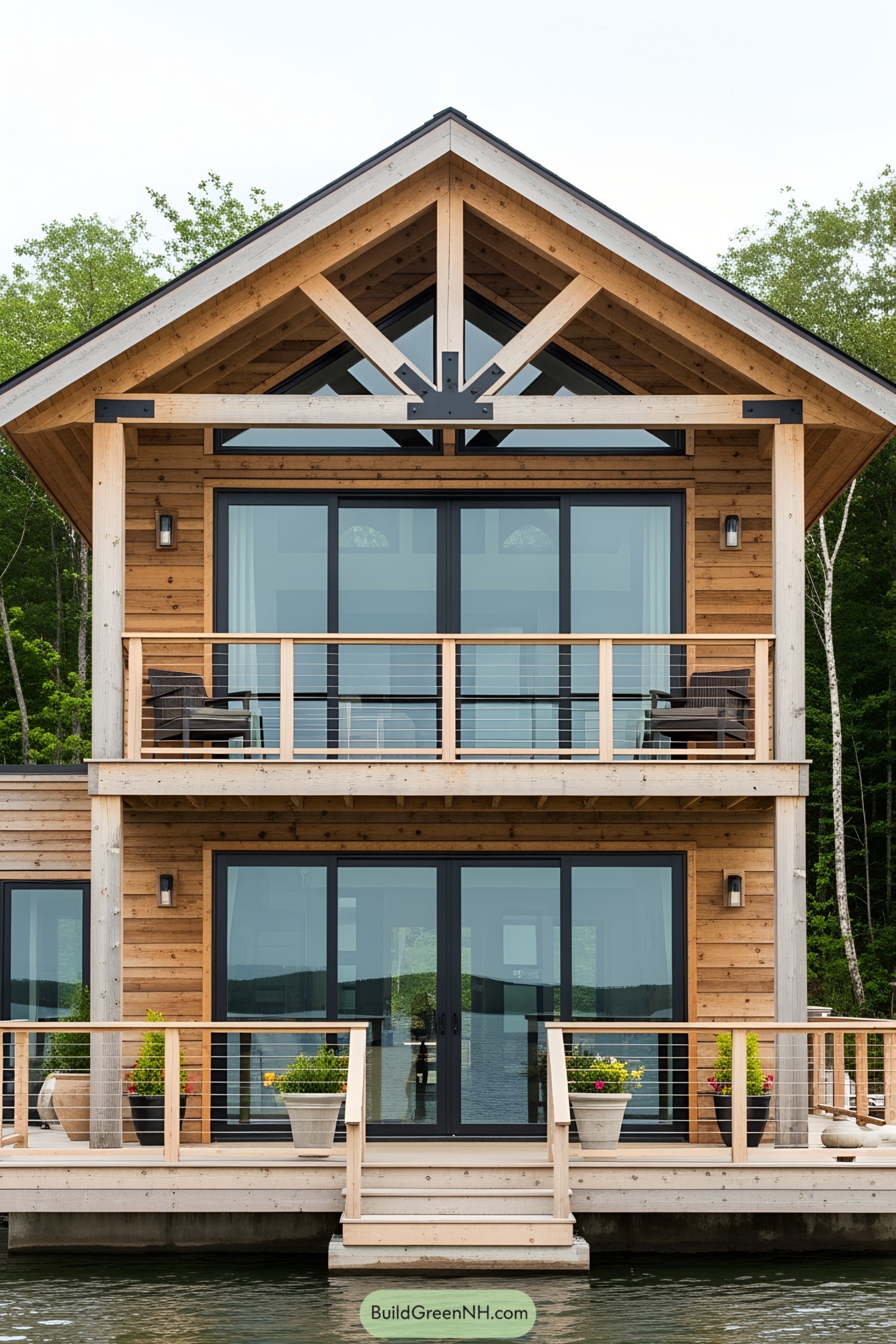 A wooden floating cottage with large glass doors and green surroundings