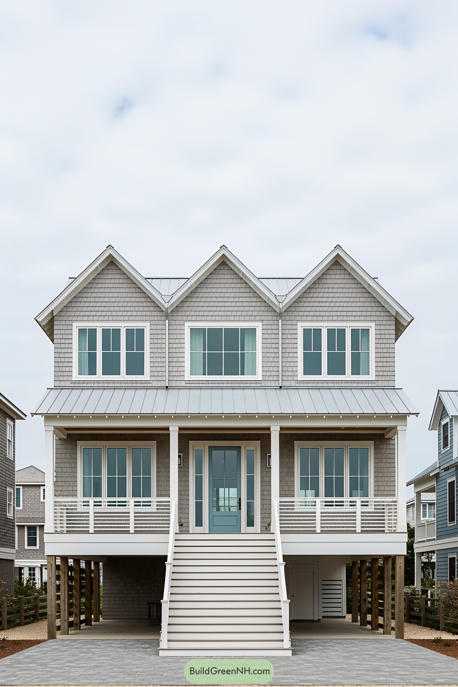 Beach house on stilts with large windows and stairs
