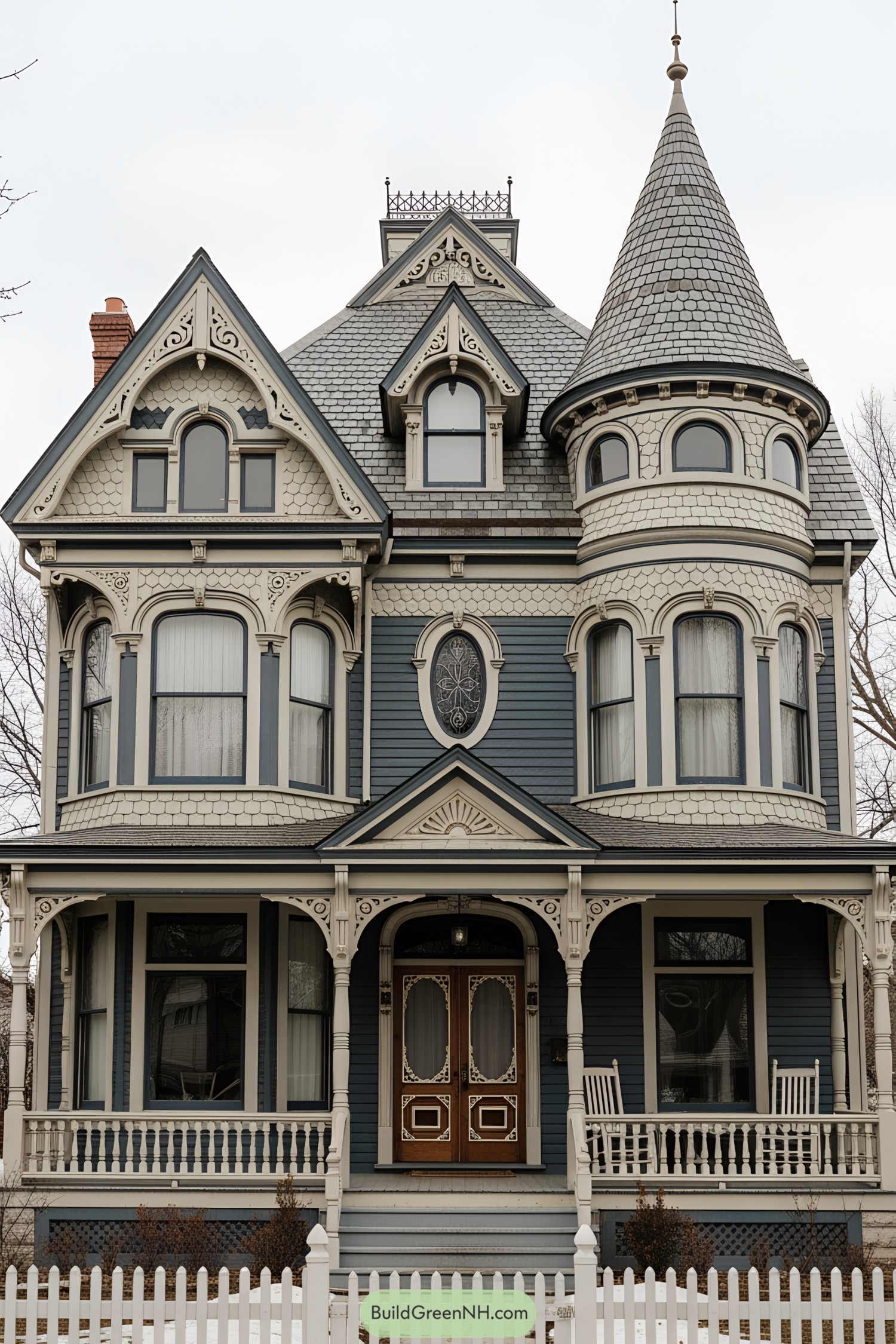 Gothic Victorian house with ornate details and a round tower