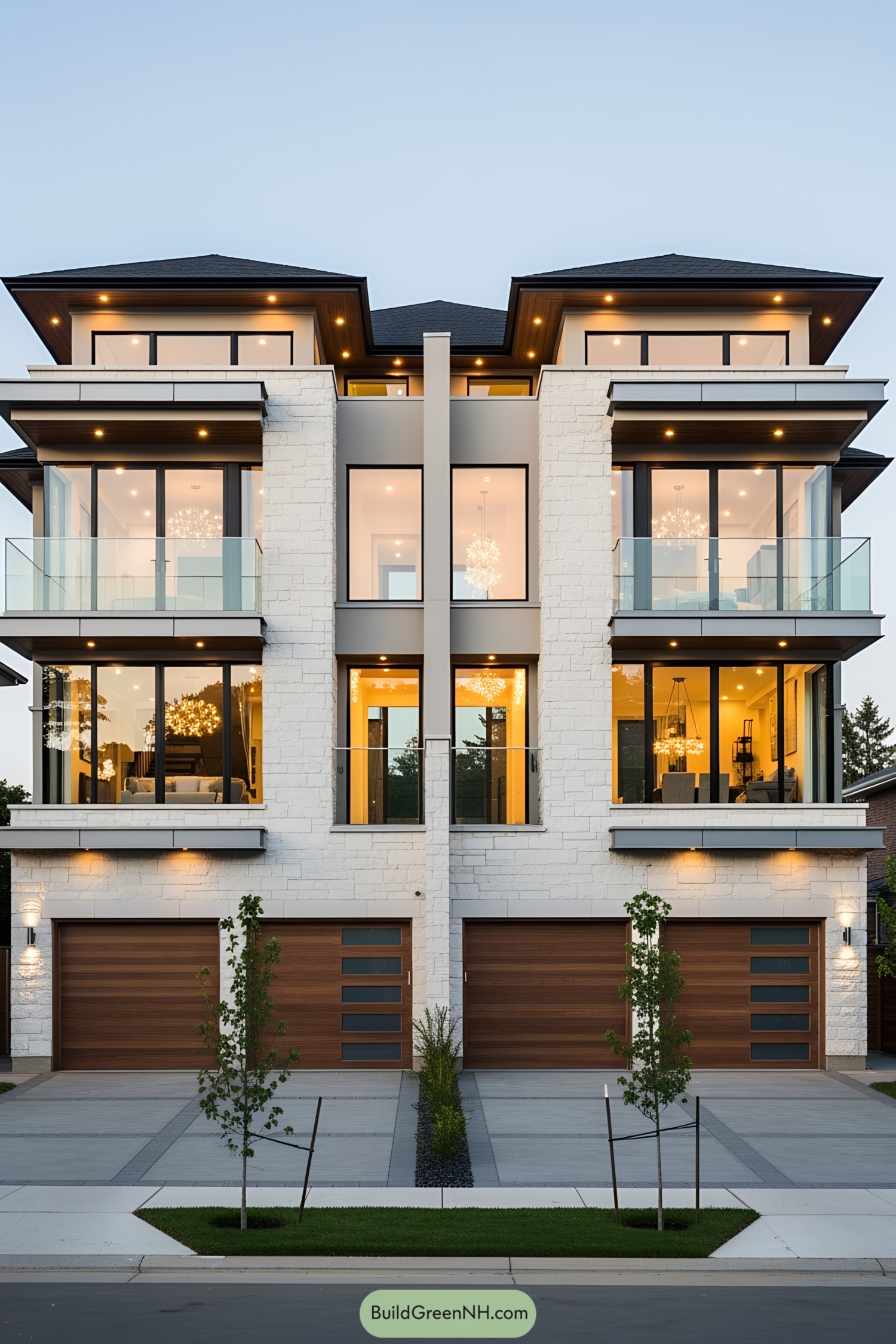 Elegant modern duplex with large windows and lush surroundings